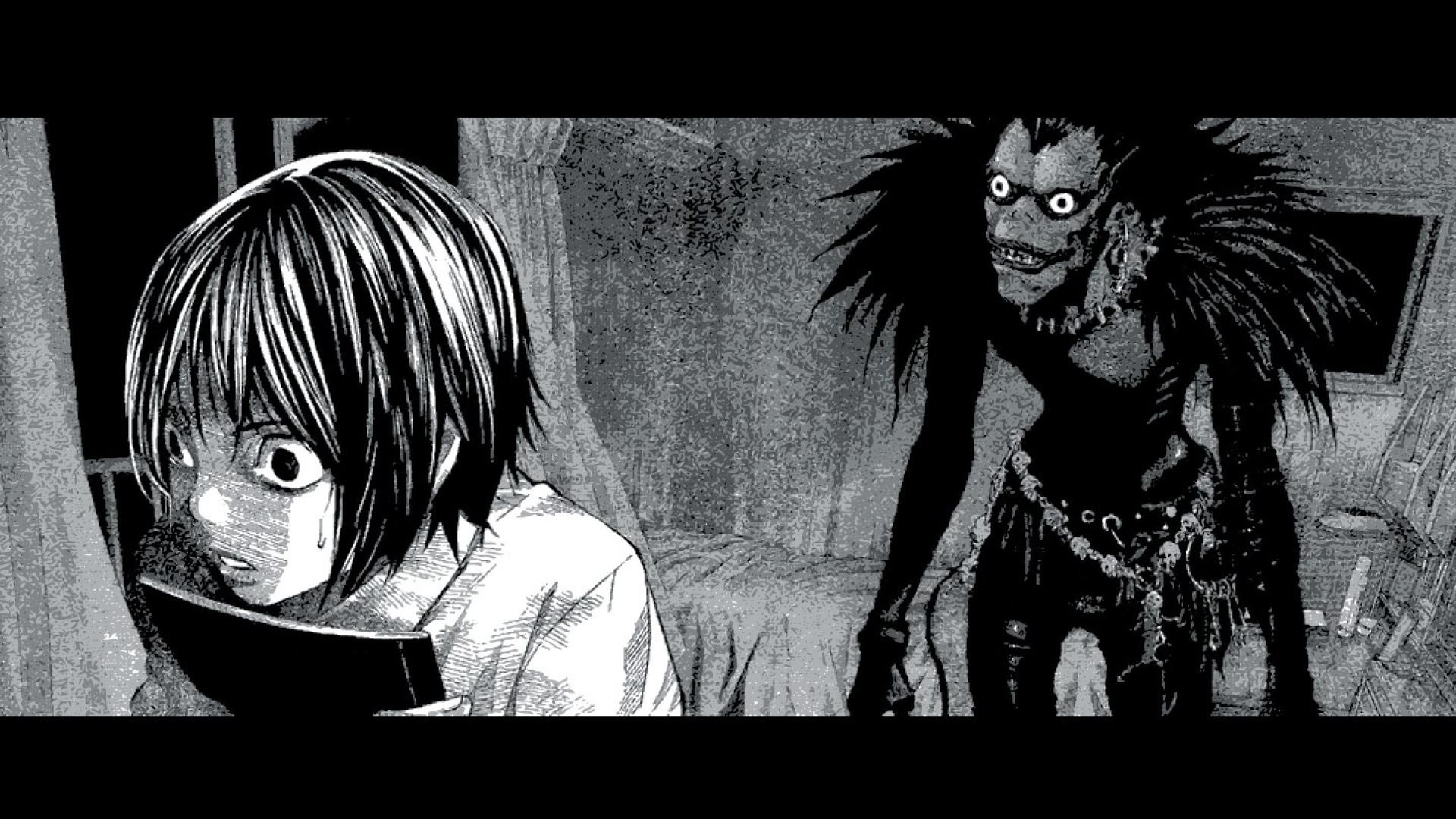 Ryuk, Light Yagami, Death Note, Manga, Bianco e nero, Full HD, sfondo Windows 11