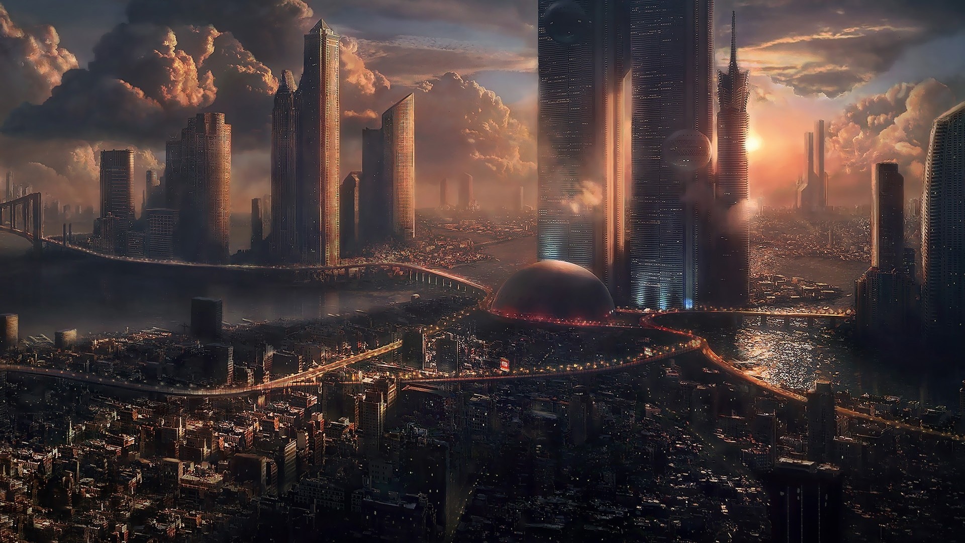 Città futuristica, Grattacieli, Tramonto, Arte concettuale, Full HD, sfondo desktop
