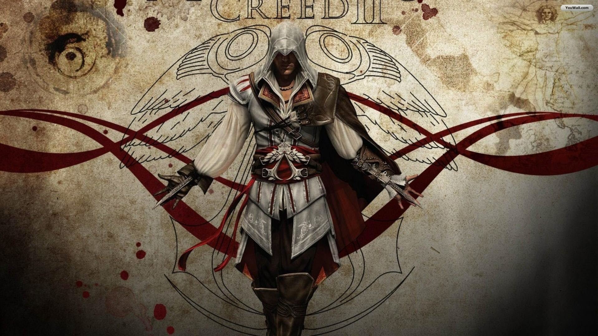 Ezio Auditore, Assassin's Creed II, Vintage, Pergamena, Rosso, Full HD, sfondo per portatile