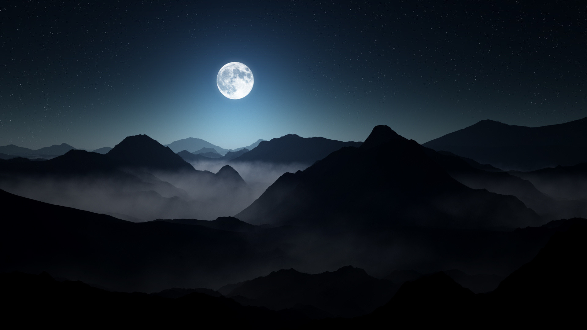 Luna piena, Montagne, Nebbia, Notte, Full HD 1080p, sfondo desktop