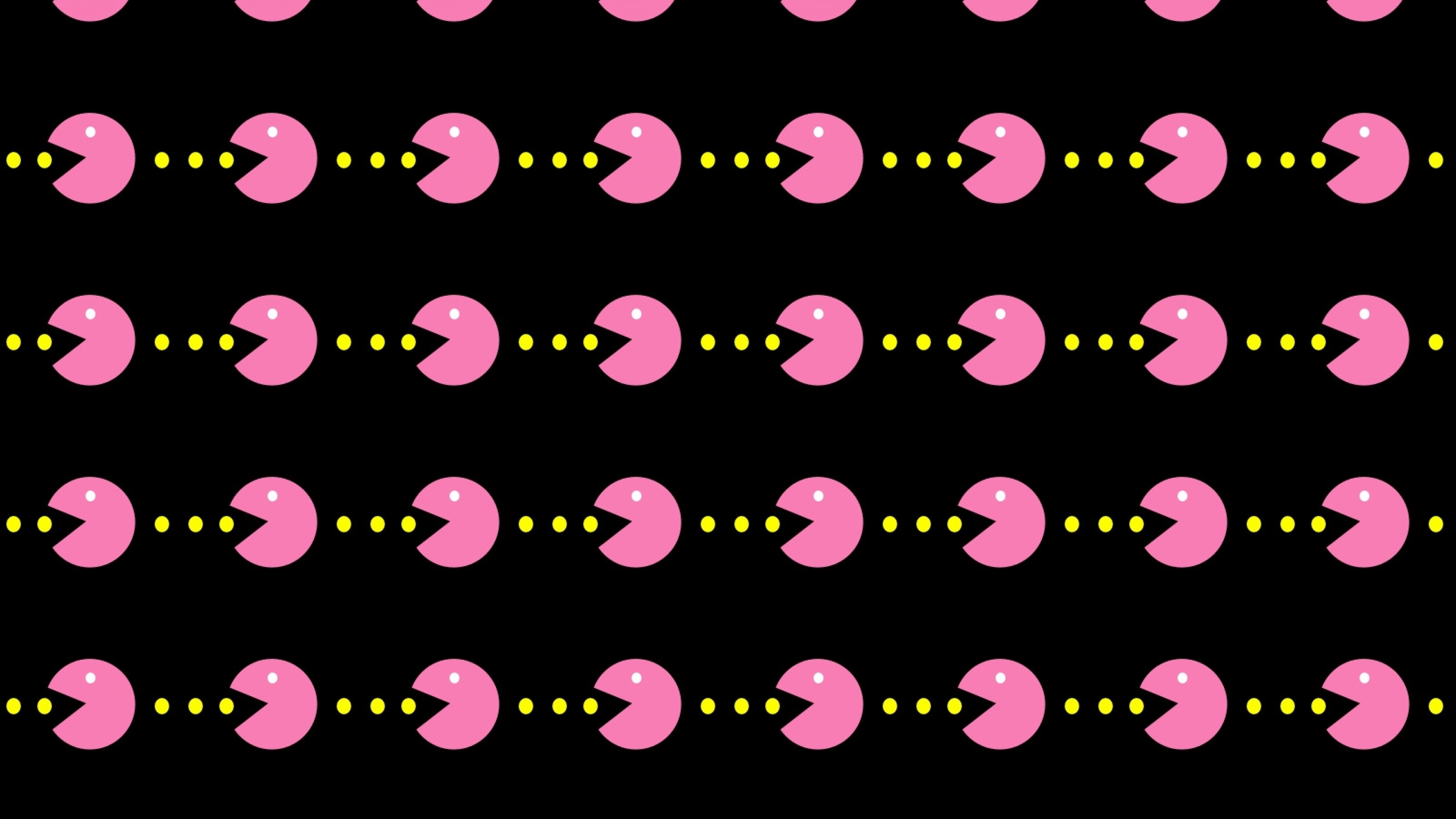 Pac-Man, Motivo ripetuto, Rosa, Sfondo nero, Puntini, 4K, wallpaper per PC