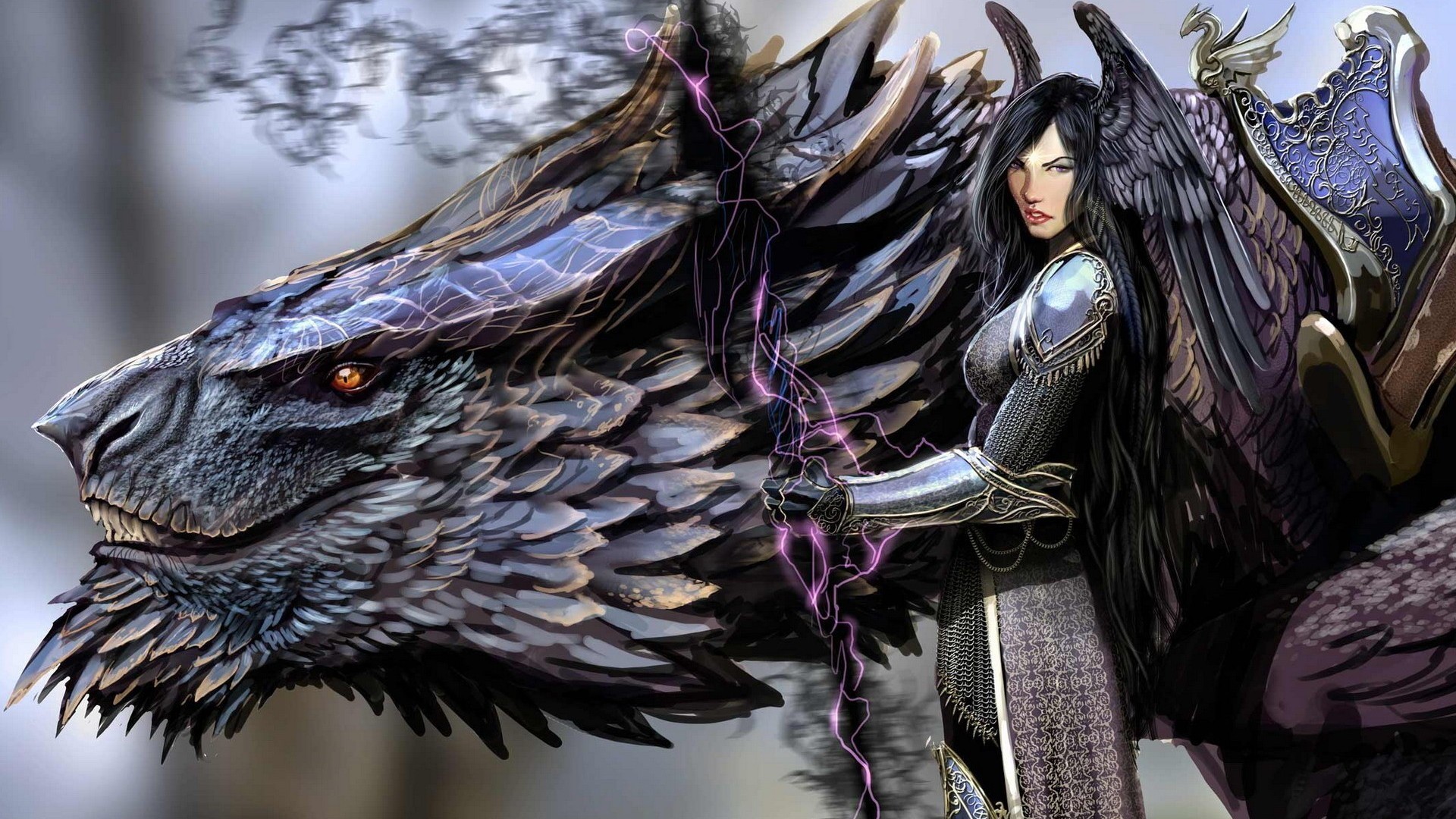Drago, Guerriera, Armatura, Arte fantasy, Full HD, wallpaper per computer