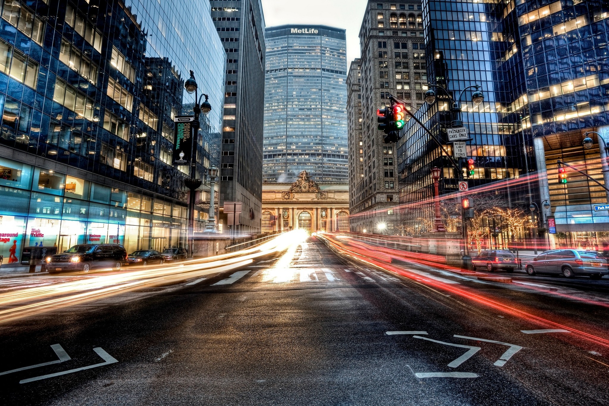 Grand Central Terminal, New York, Scie luminose, Grattacieli, Full HD, wallpaper per computer