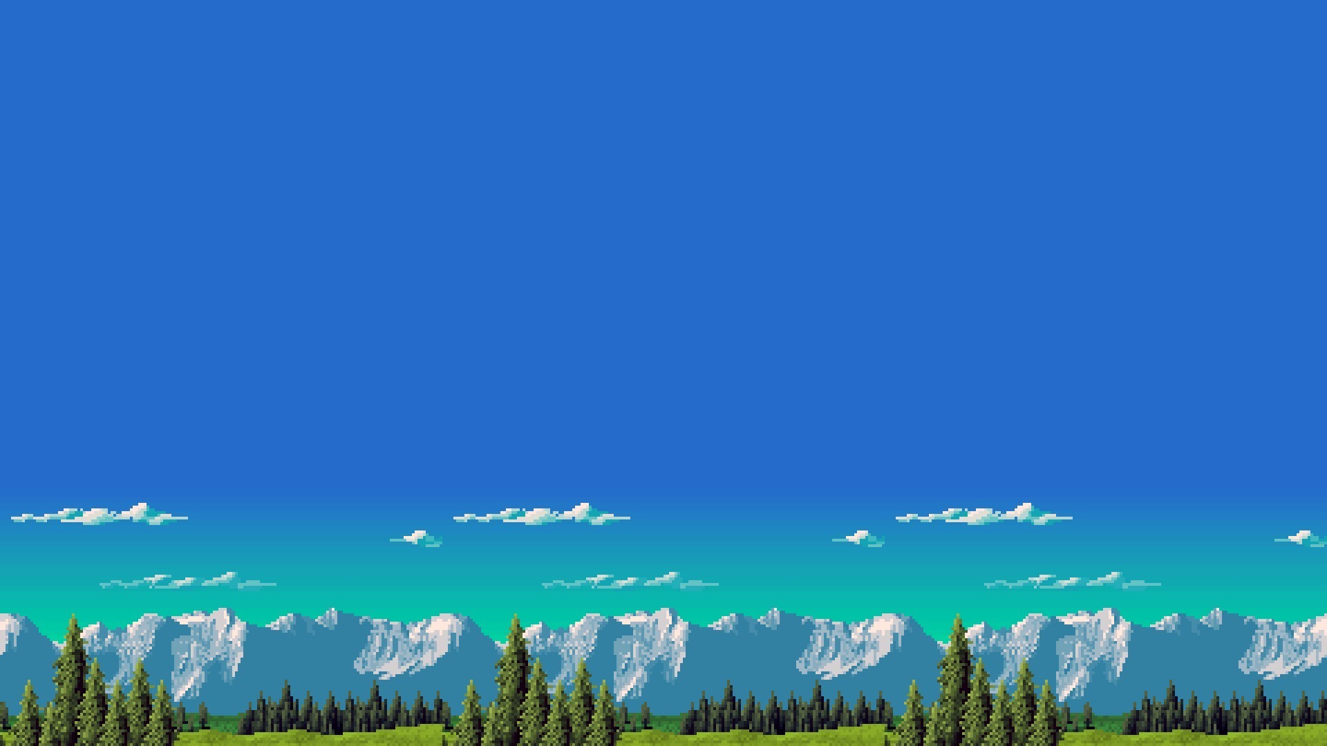 Pixel art, Montagne innevate, Pini, Cielo blu, Nuvole, Full HD, sfondo per PC e portatile