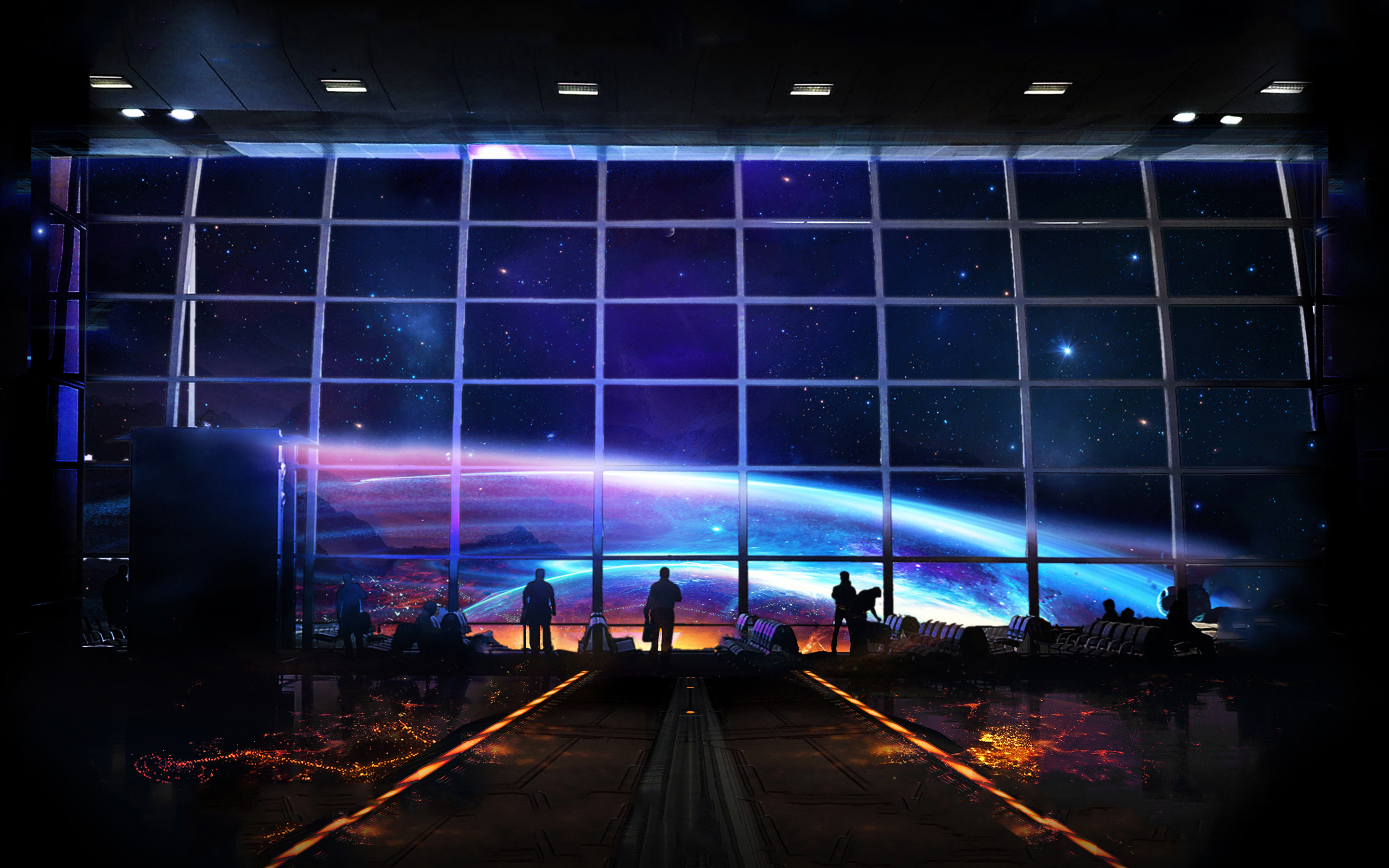Stazione spaziale, Vetrata, Pianeta, Fantascienza, Silhouette, 16:10 2K, sfondo widescreen