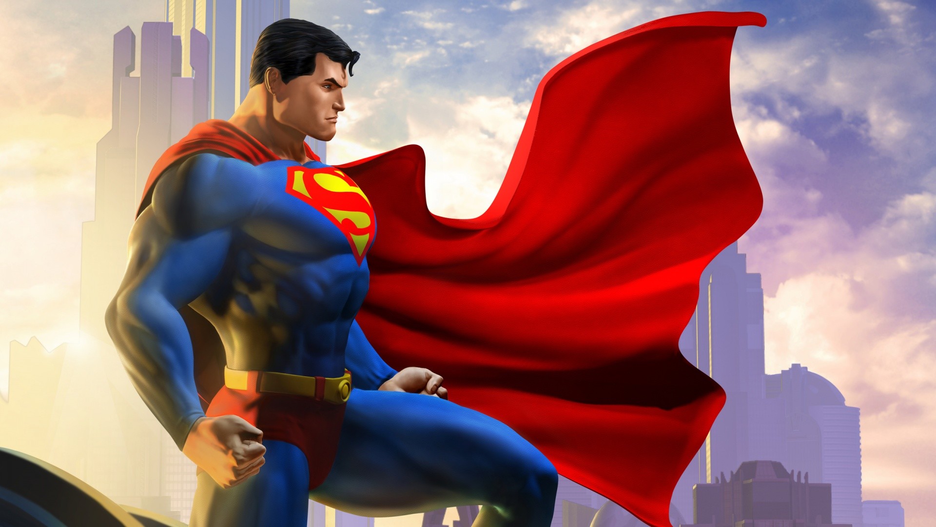 Superman, DC Comics, Metropolis, Mantello rosso, Fumetto, Grattacieli, sfondo Full HD per portatile