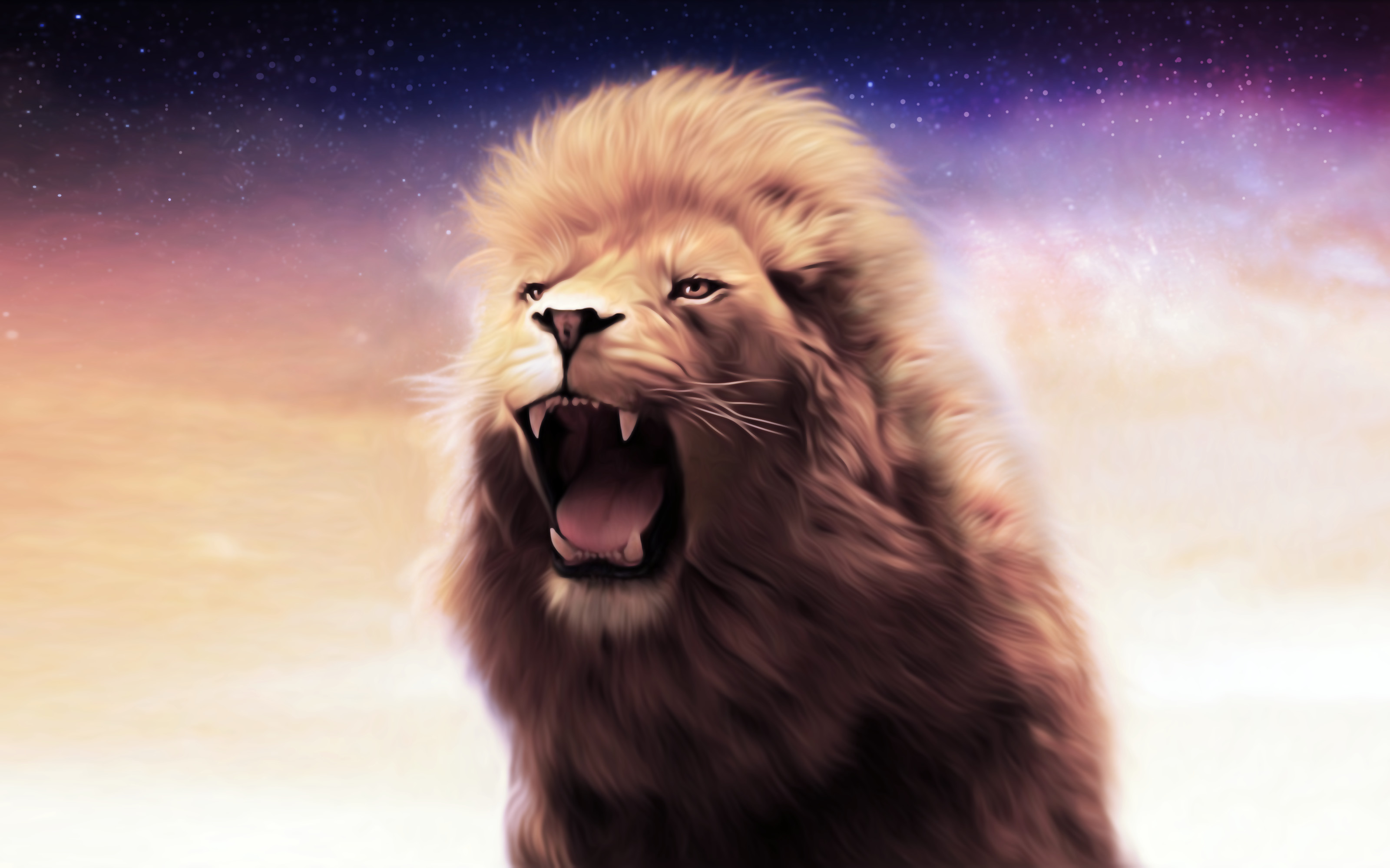 Leone, Ruggito, Cielo stellato, Arte digitale, 2K, sfondo per PC e portatile