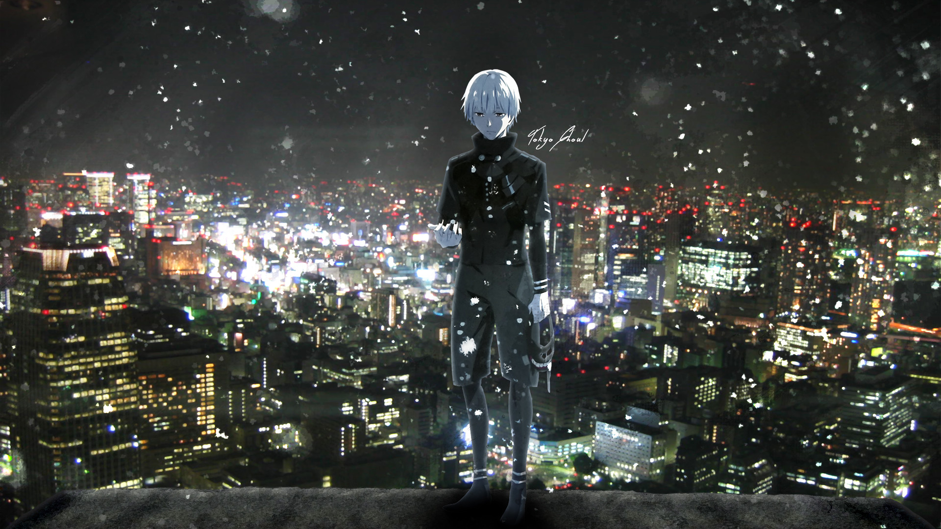 Ken Kaneki, Tokyo Ghoul, Città notturna, Tetto, Panorama, Full HD, sfondo desktop