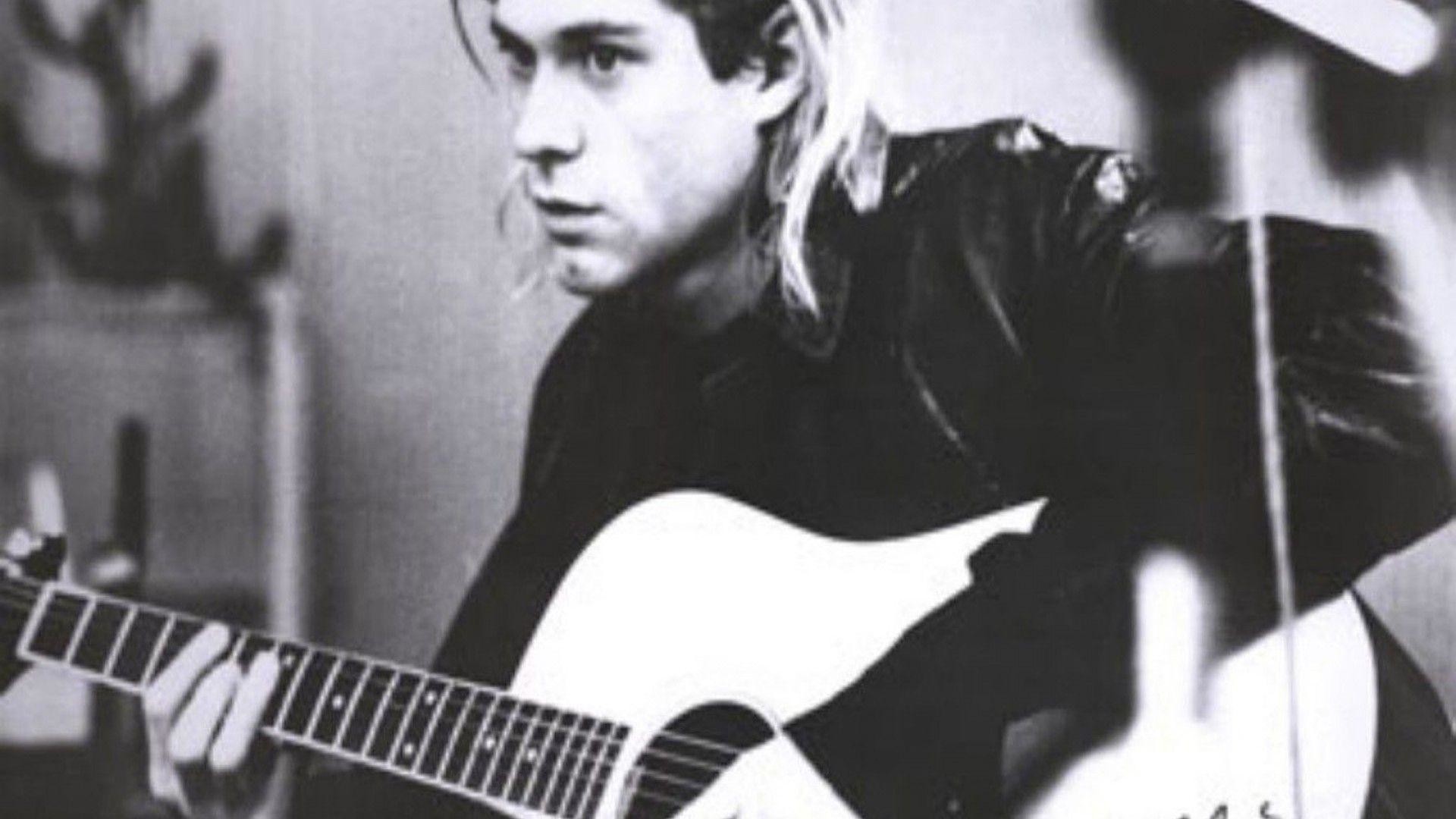 Kurt Cobain, Nirvana, Chitarra acustica, Bianco e nero, Full HD, sfondo Windows 11
