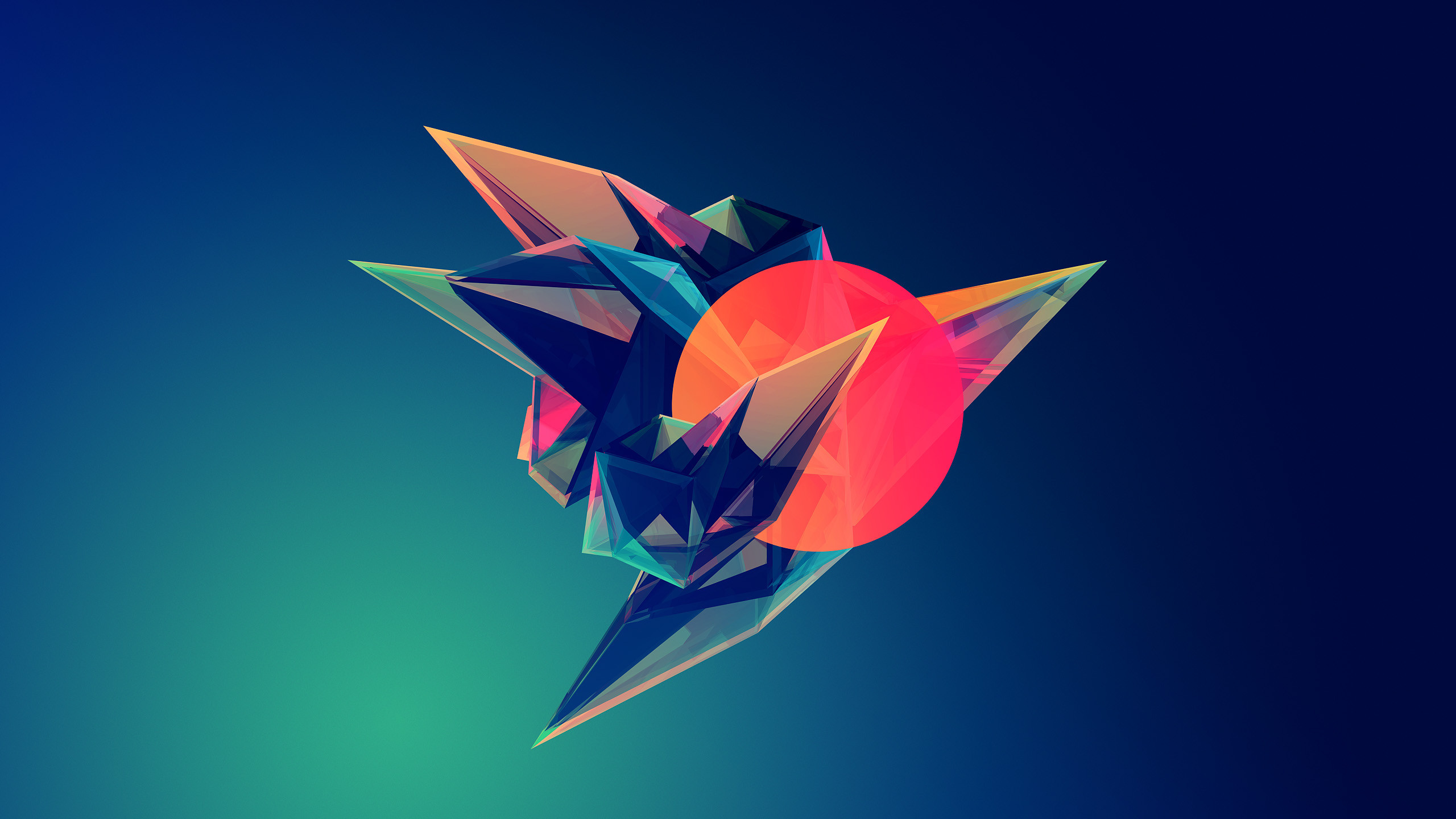 Low poly, Arte astratta, Sole rosso, Blu, 16:9 2K, sfondo widescreen