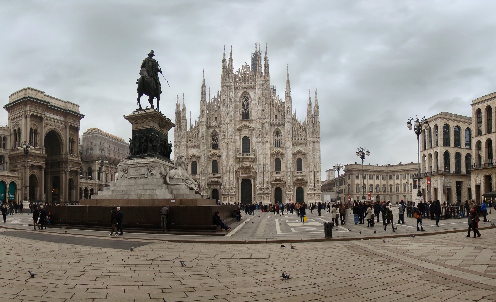 Piazza del Duomo, Duomo di Milano, Galleria Vittorio Emanuele II, Monumento a Vittorio Emanuele II, Milano, Panorama, sfondo desktop