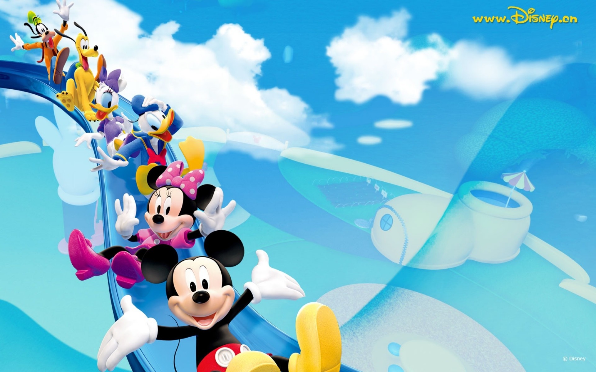 Topolino, Minnie, Paperino, Pippo, Scivolo, Cielo, 1920x1200, immagine di sfondo