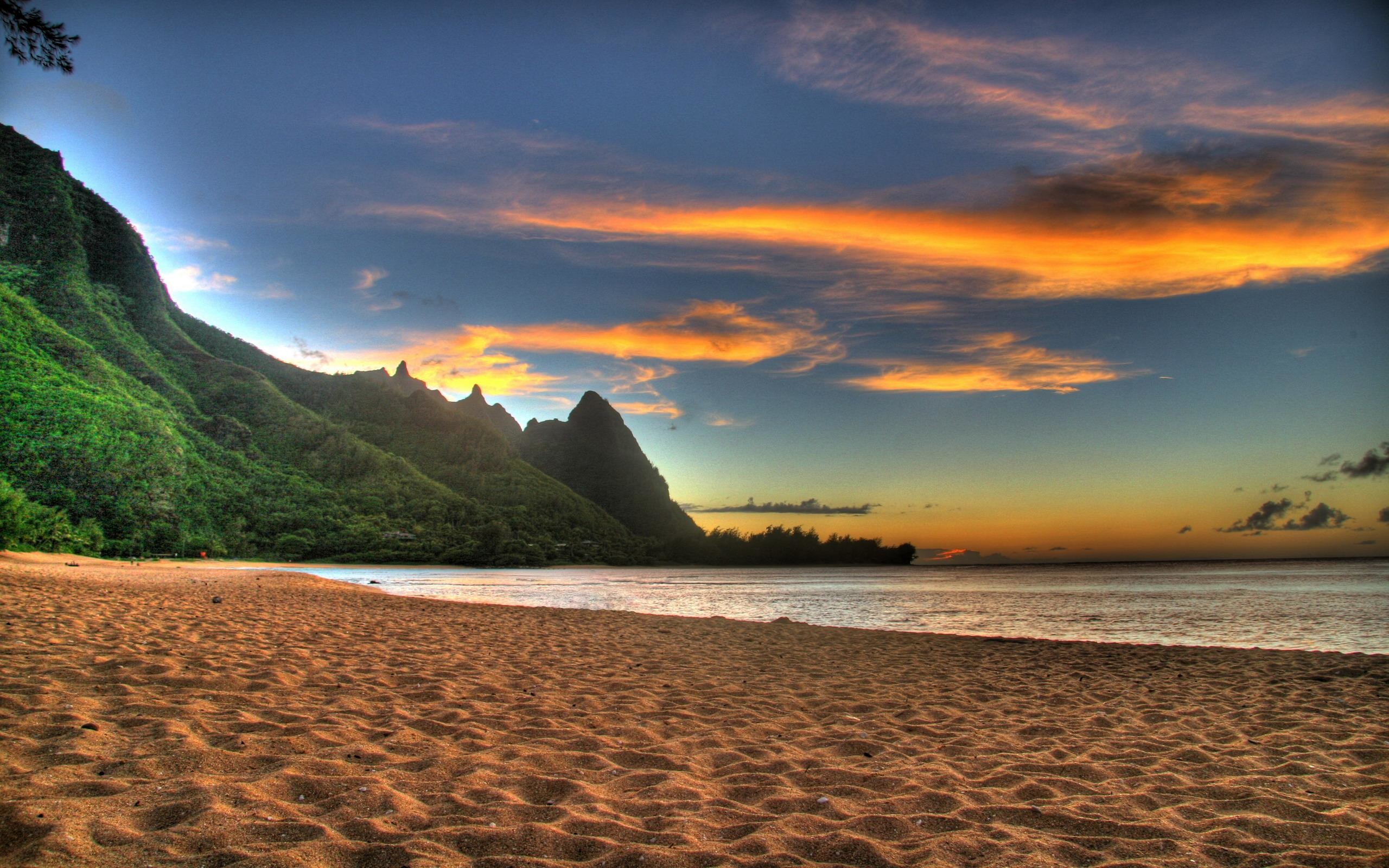 Kauai, Hawaii, Spiaggia, Montagne verdi, Tramonto, 2560x1600, sfondo MacBook Pro