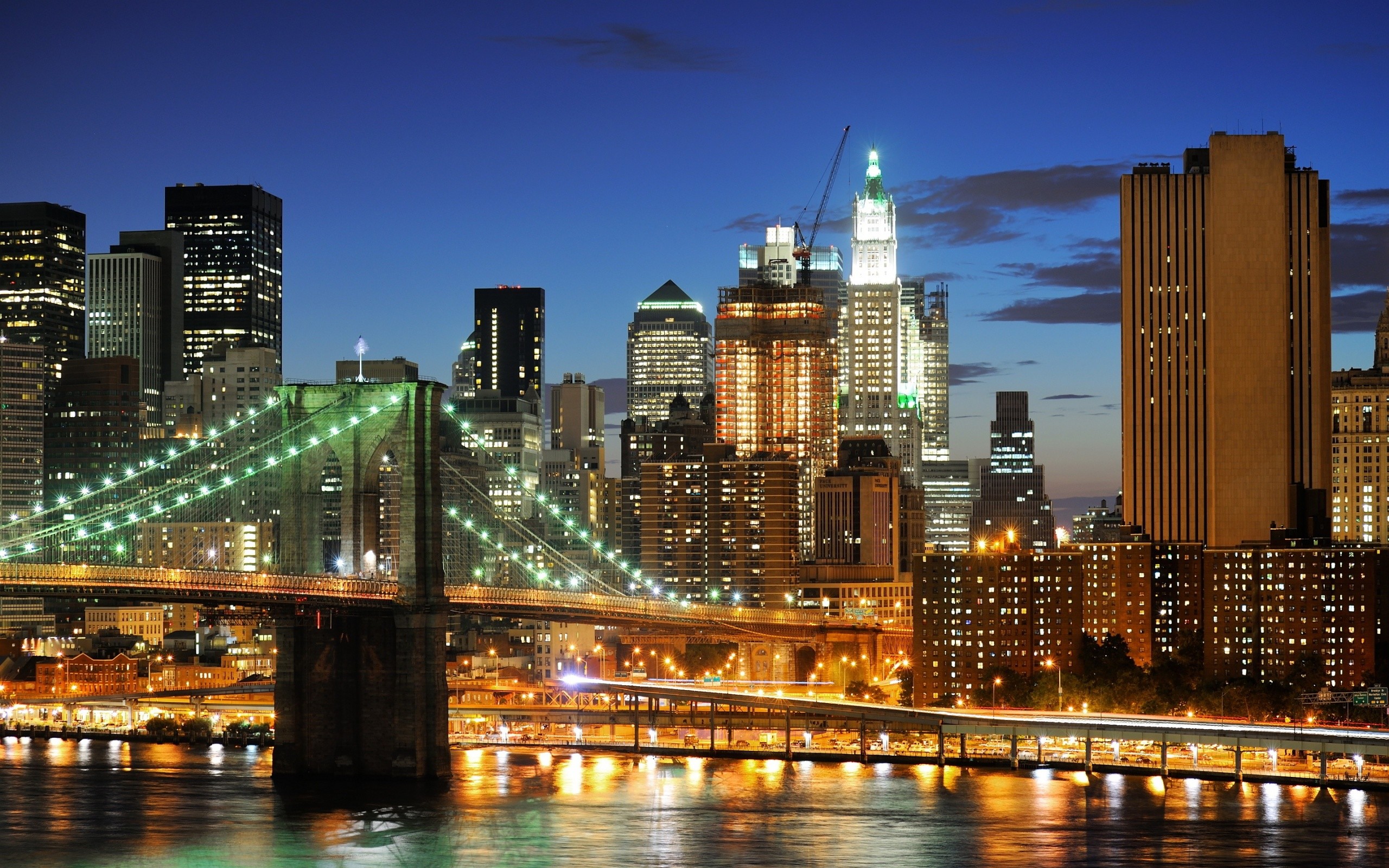 Ponte di Brooklyn, Lower Manhattan, Notte, Luci, 2560x1600, sfondo per PC