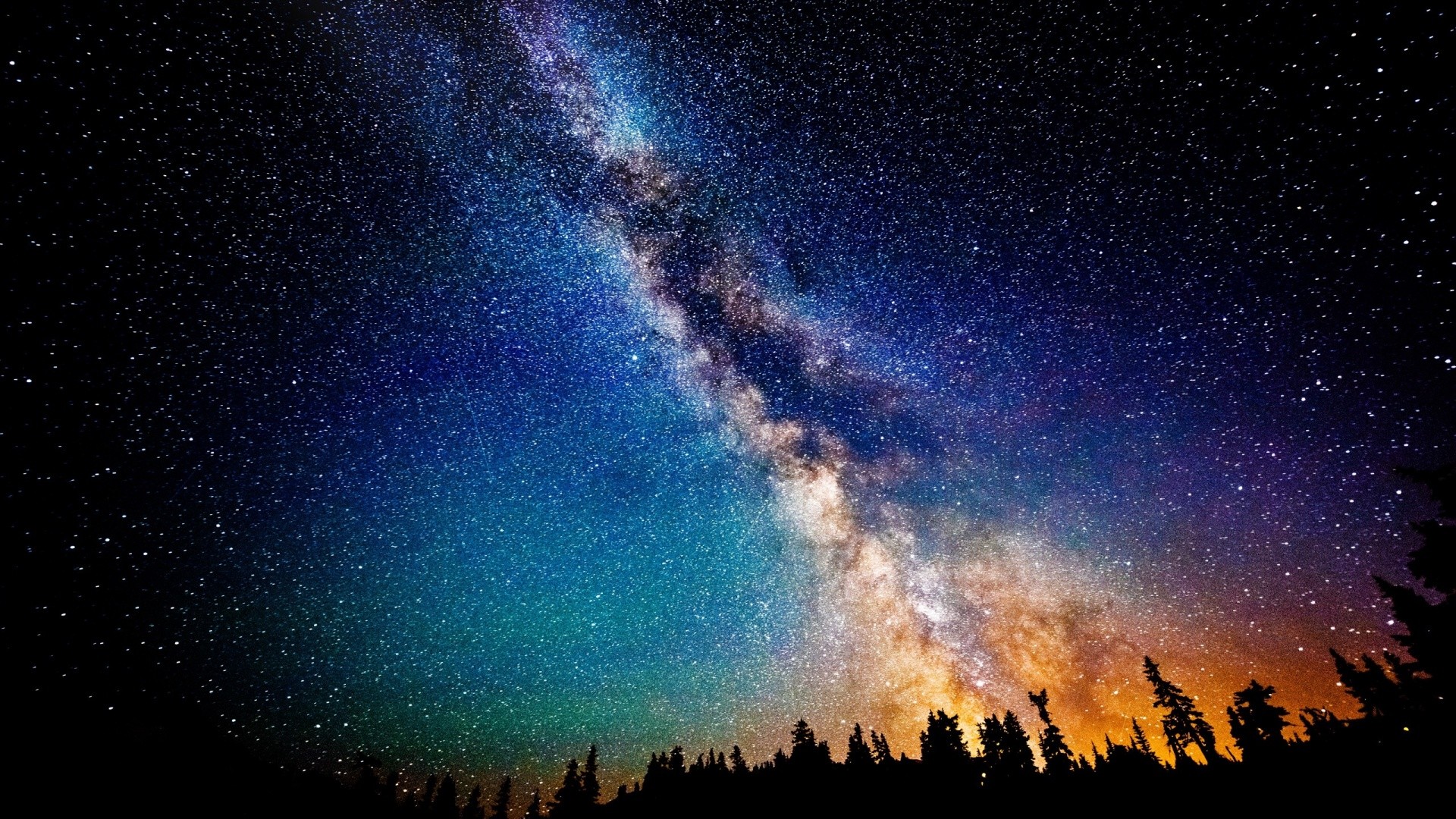 Via Lattea, Cielo stellato, Foresta, Silhouette, Full HD 1080p, sfondo desktop