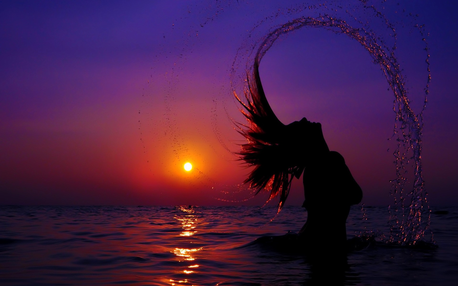 Silhouette, Ragazza, Capelli al vento, Tramonto, Mare, Full HD, wallpaper per portatile