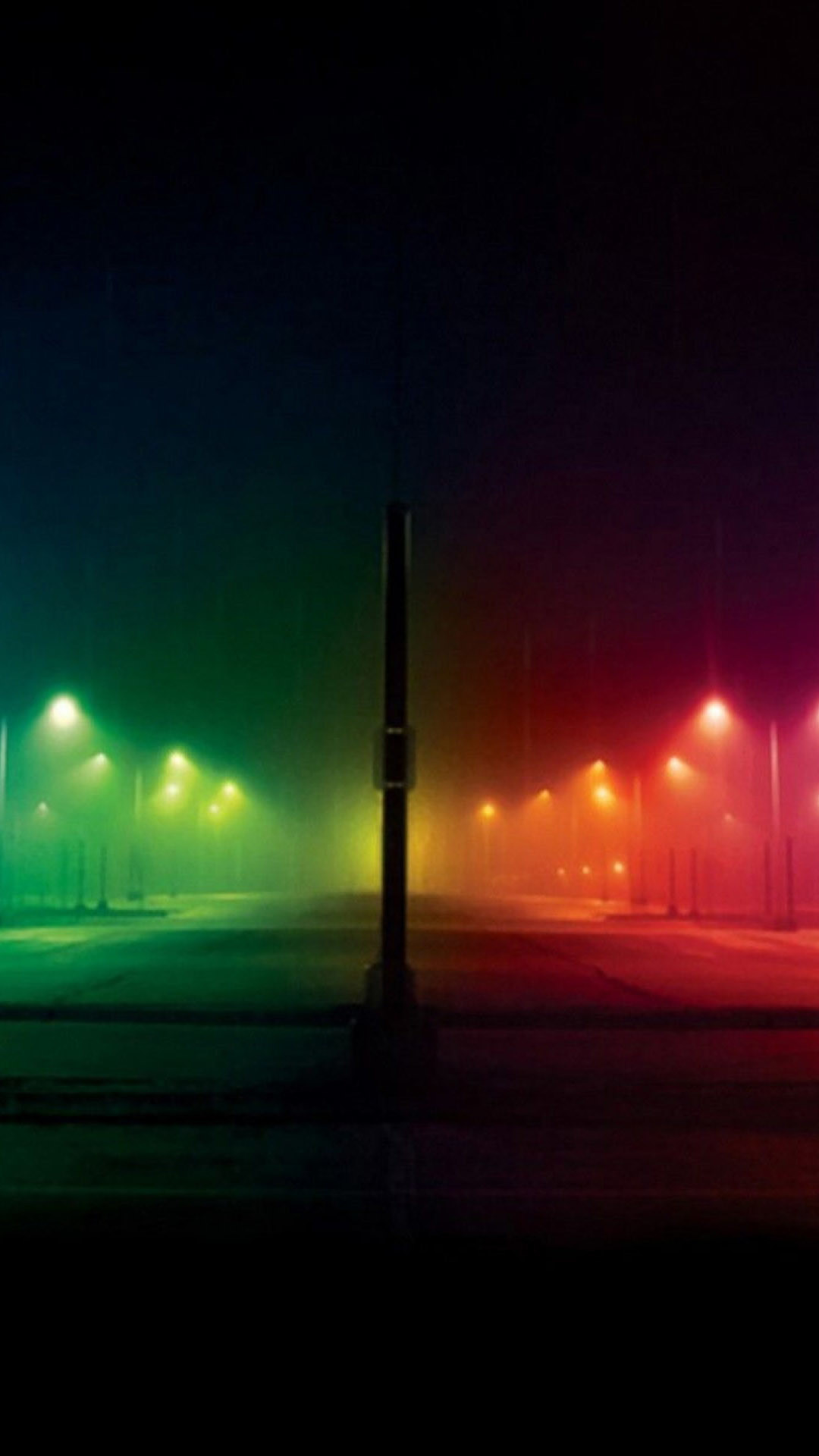 Lampioni, Nebbia, Luci colorate, Notte, sfondo per iPhone e Android