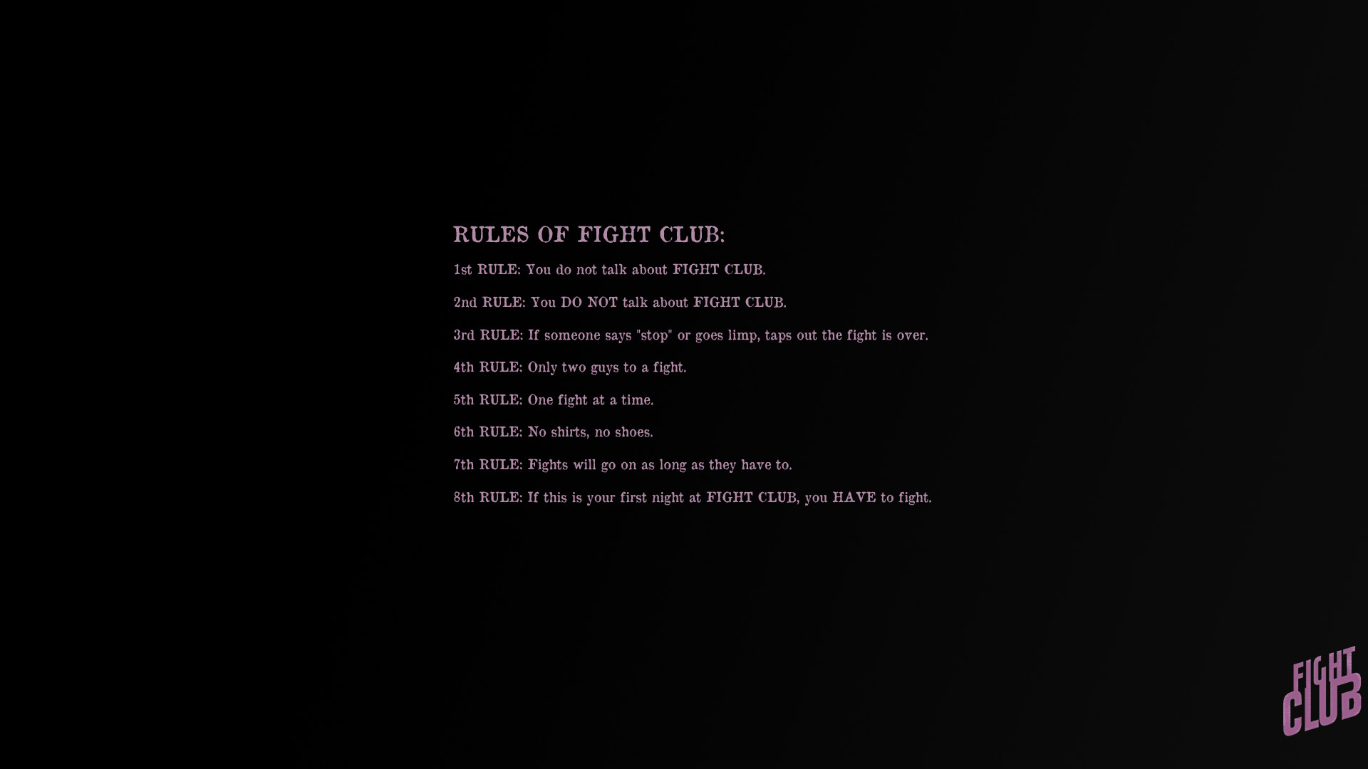 Fight Club, Regole del Fight Club, Sfondo nero, 1920x1080, wallpaper desktop