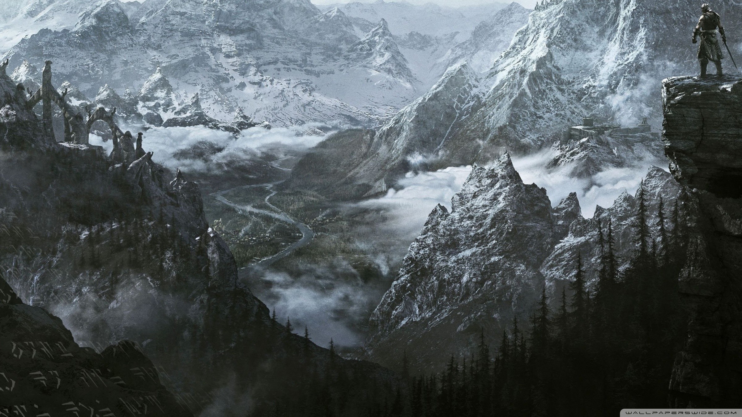 The Elder Scrolls V: Skyrim, Montagne innevate, Valle, Paesaggio, sfondo 16:9 Full HD