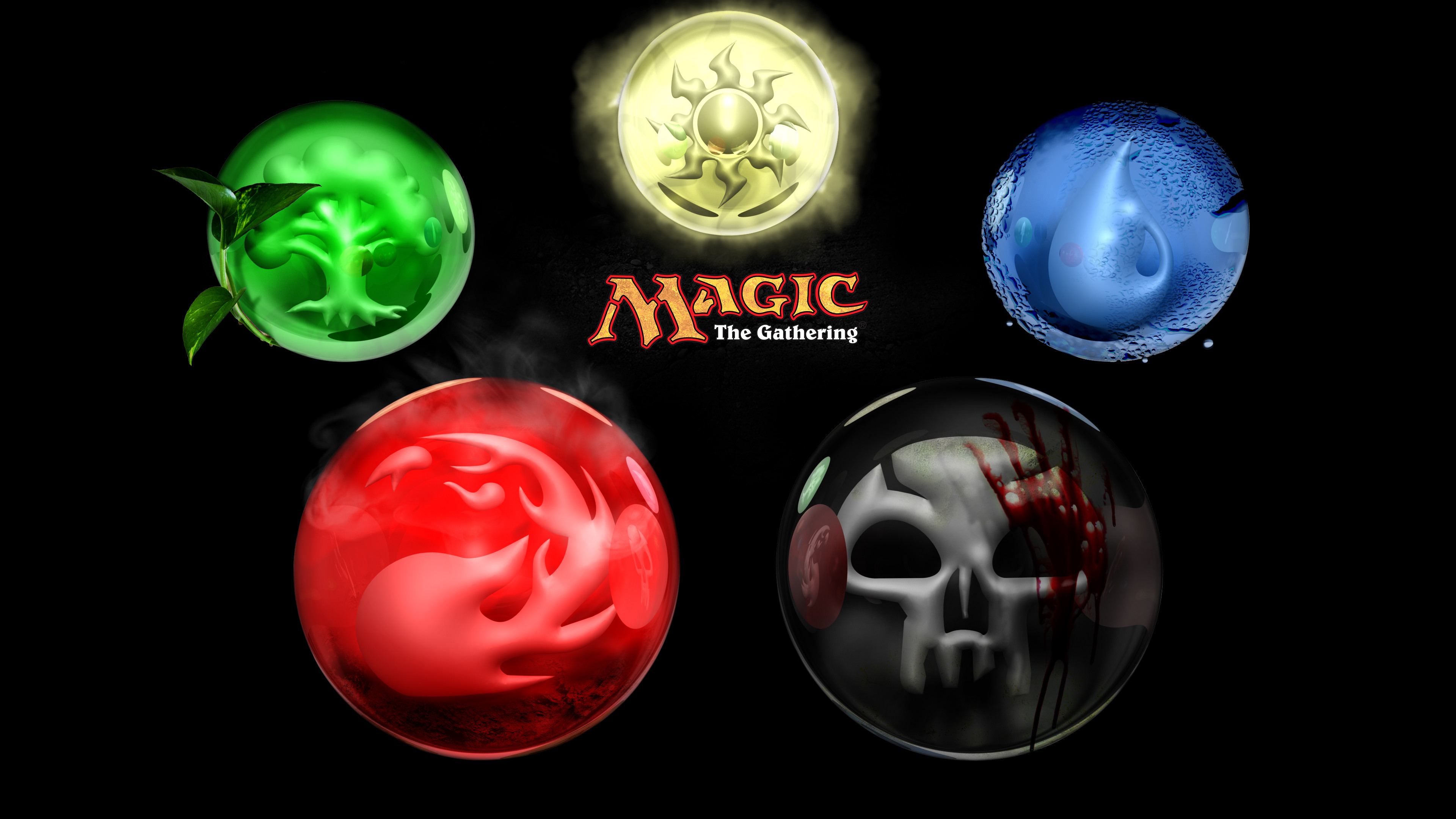Logo Magic: The Gathering, MTG, Simboli di mana, Cinque colori, Sfondo nero, 4K UHD