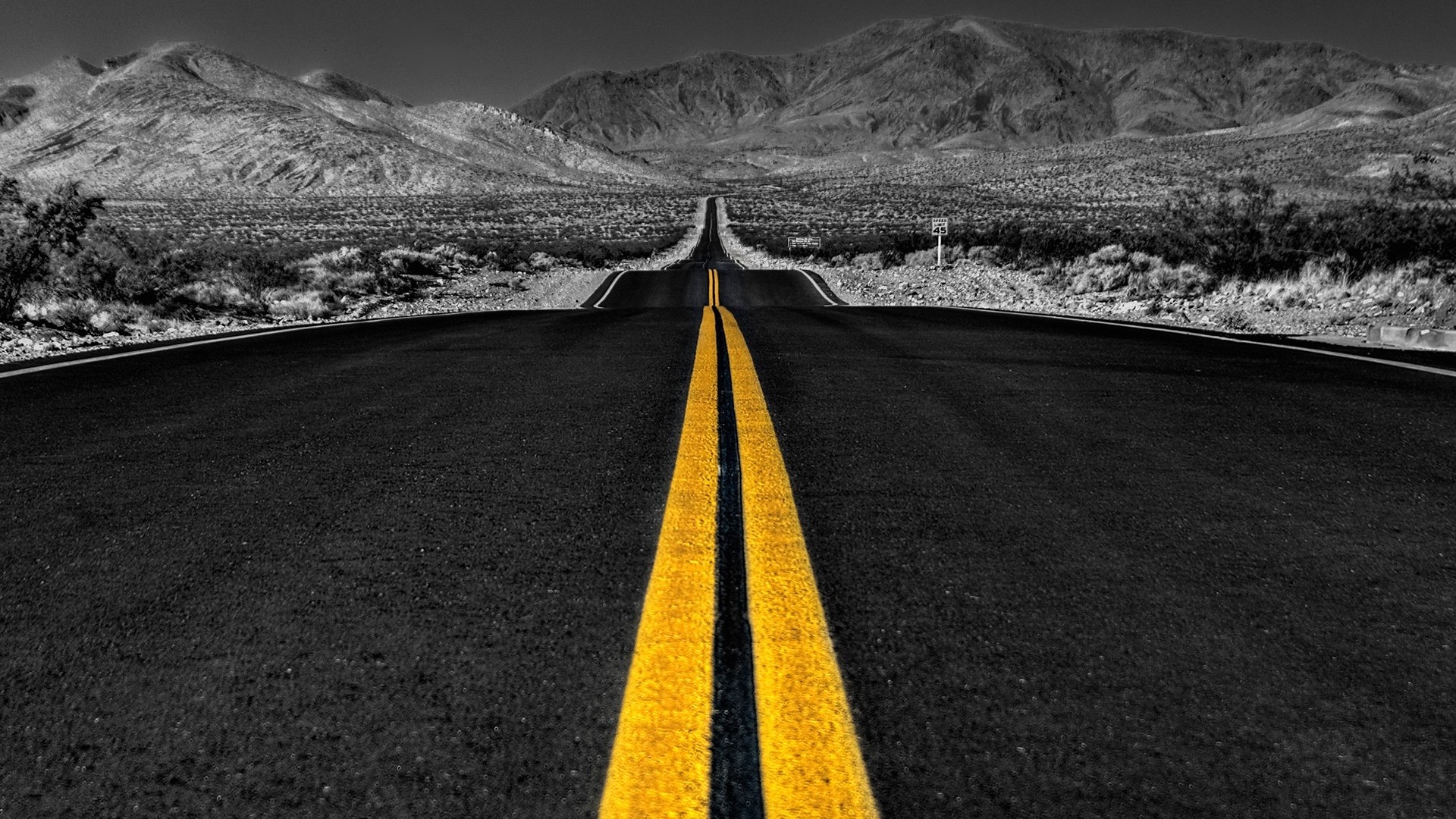 Strada, Linee gialle, Deserto, Montagne, Bianco e nero, 16:9 Full HD, sfondo widescreen