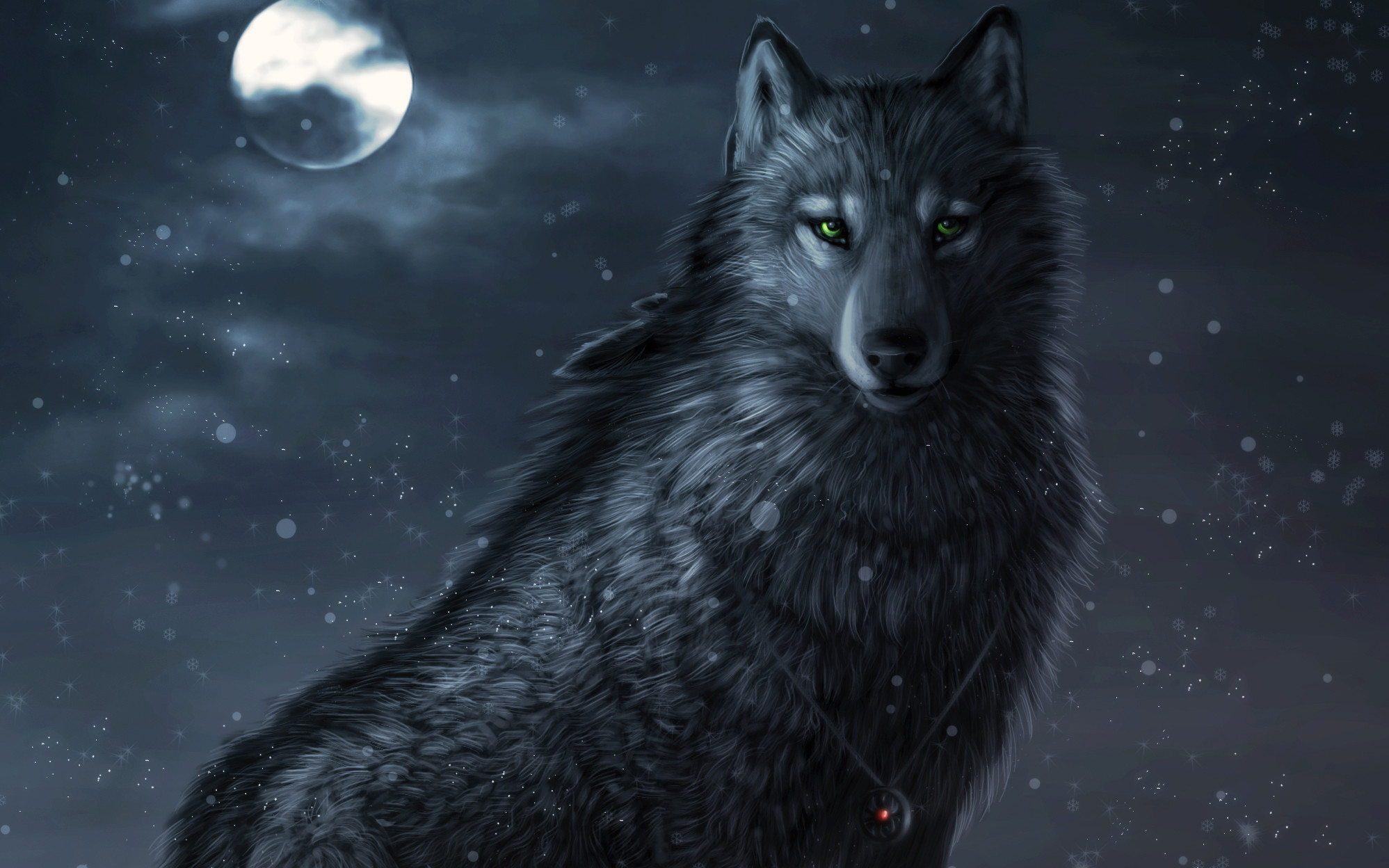 Lupo nero, Luna piena, Notte, Pittura digitale, 1997x1248, sfondo MacBook Pro