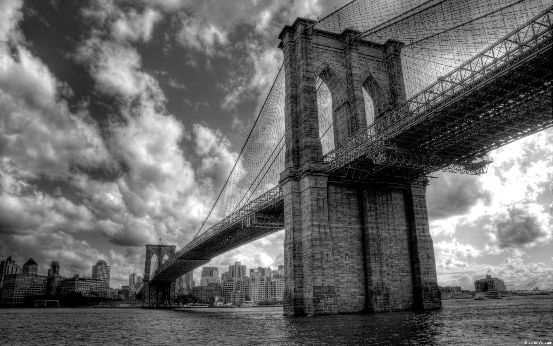 Ponte di Brooklyn, Bianco e nero, Nuvole, East River, 16:10 Full HD, wallpaper widescreen