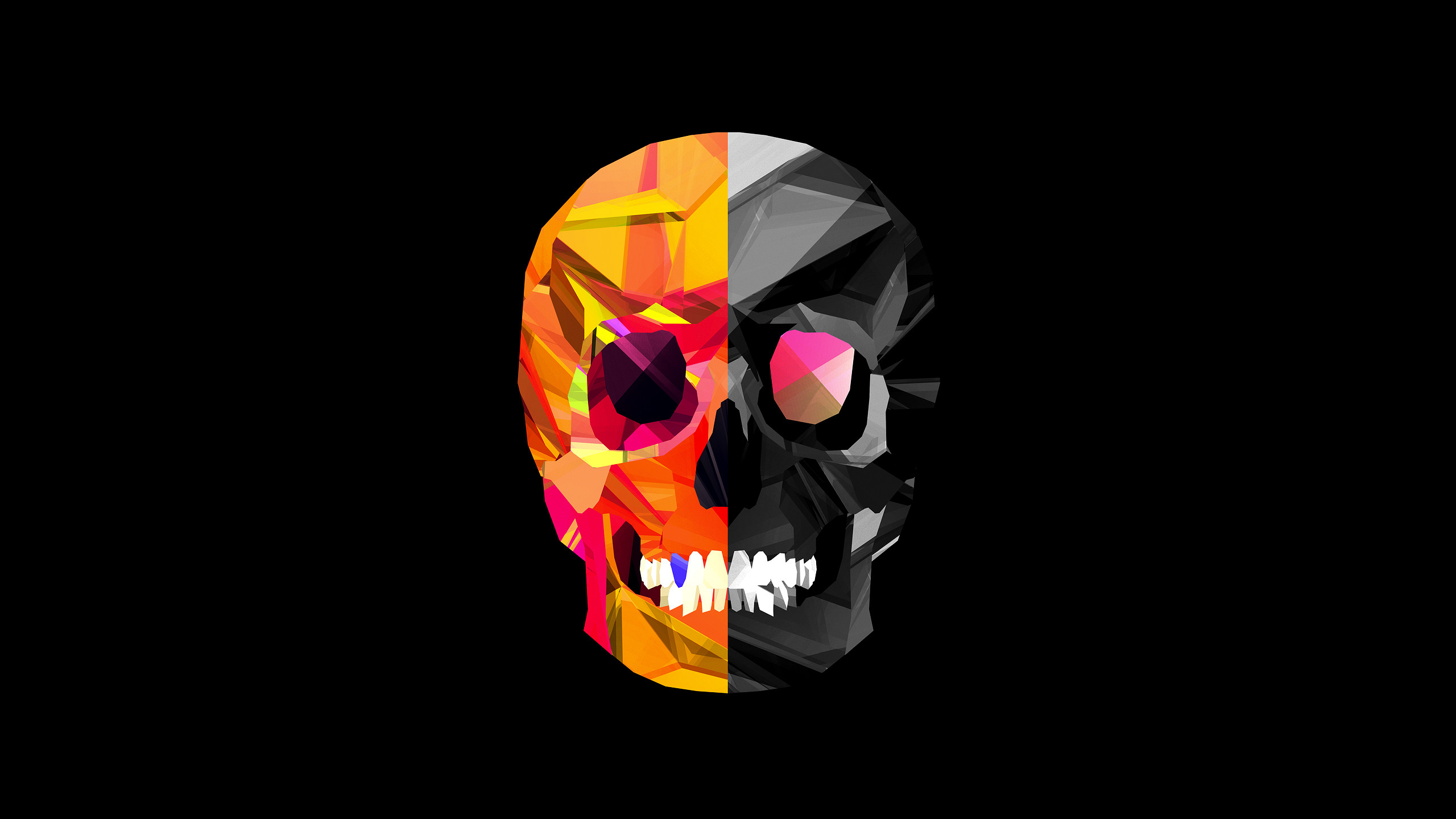 Teschio, Low poly, Sfondo nero, Arte geometrica, 16:9 2K, wallpaper widescreen