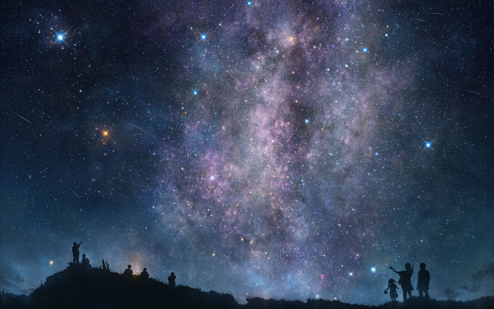 Via Lattea, Silhouette, Persone, Collina, Cielo stellato, 16:10 Full HD, sfondo widescreen
