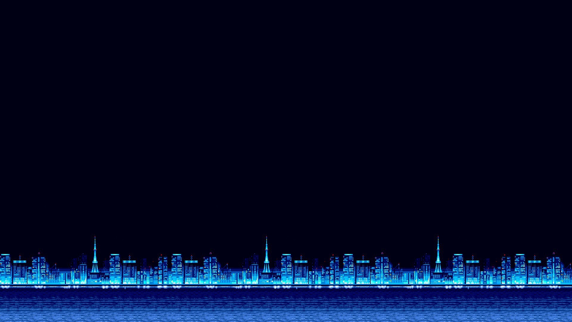 Pixel art, Skyline notturno, Luci blu, Minimalista, Full HD, sfondo Windows 11