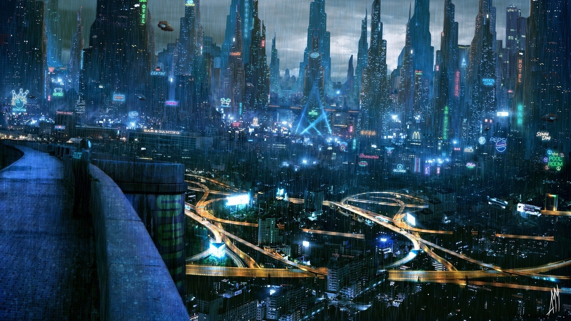 Città futuristica, Metropoli, Notte, Luci al neon, Fantascienza, sfondo widescreen Full HD