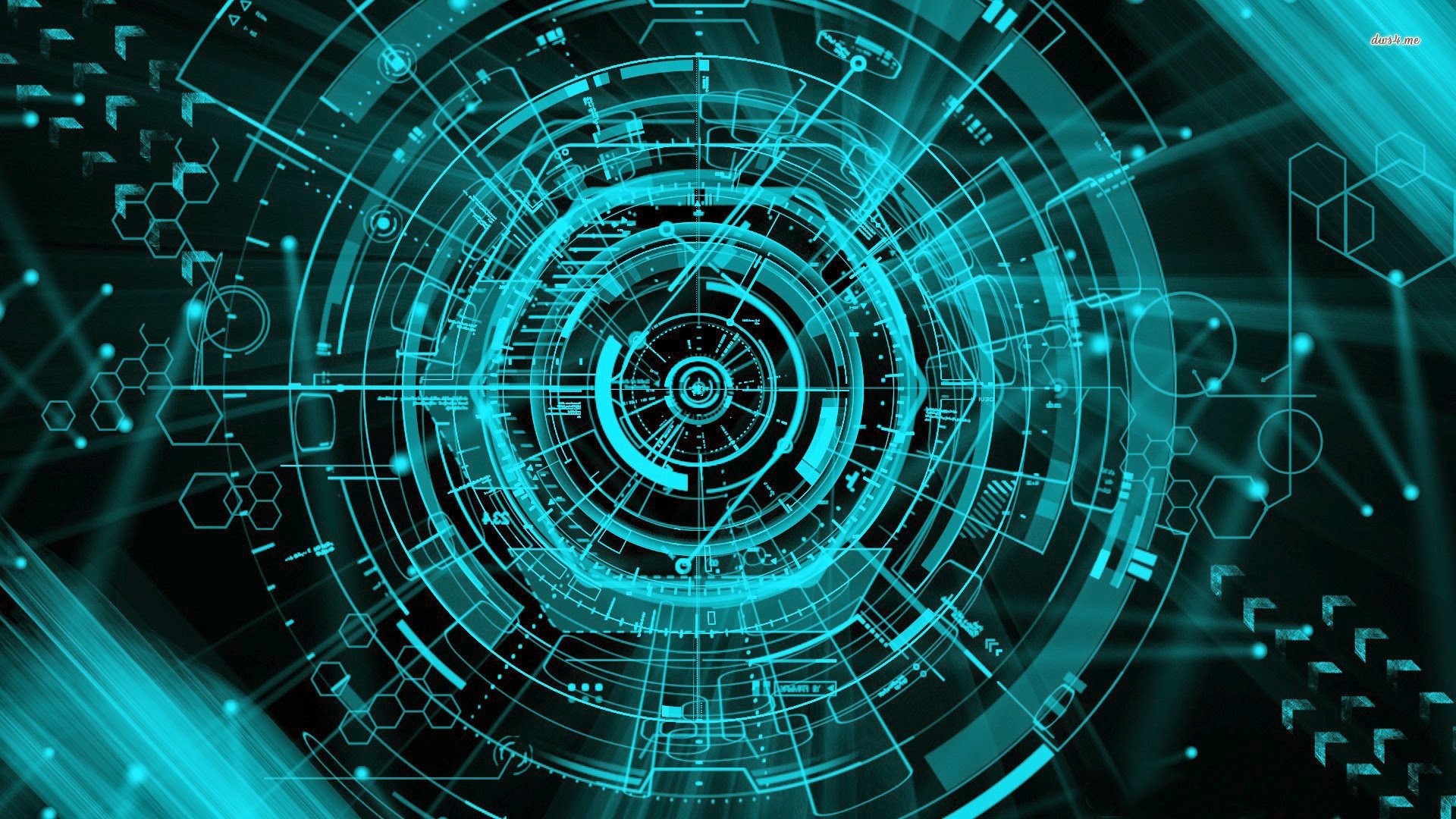 Interfaccia HUD, Tecnologia, Cerchi concentrici, Ciano, Arte digitale, wallpaper 1920x1080