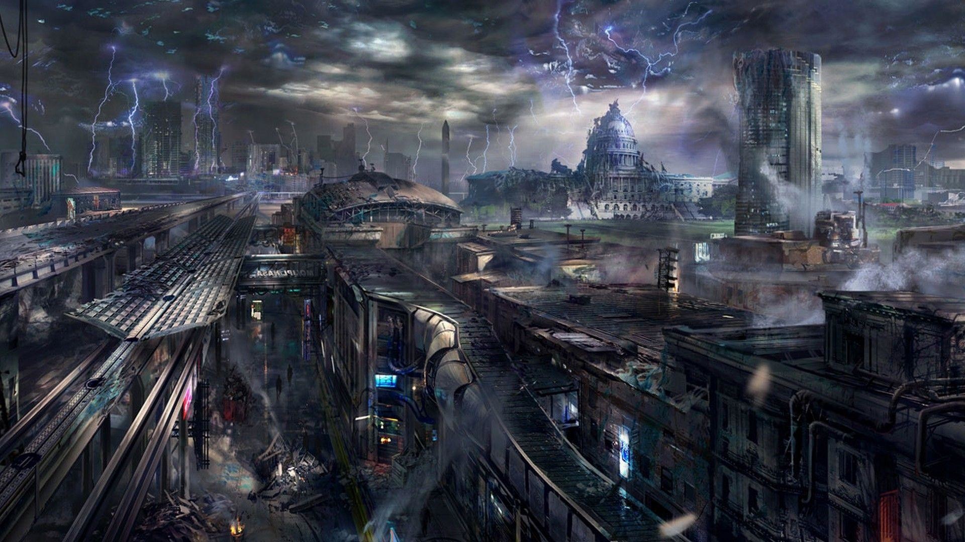 Città futuristica, Tempesta, Fulmini, Fantascienza, Distopia, 1920x1080, sfondo per PC