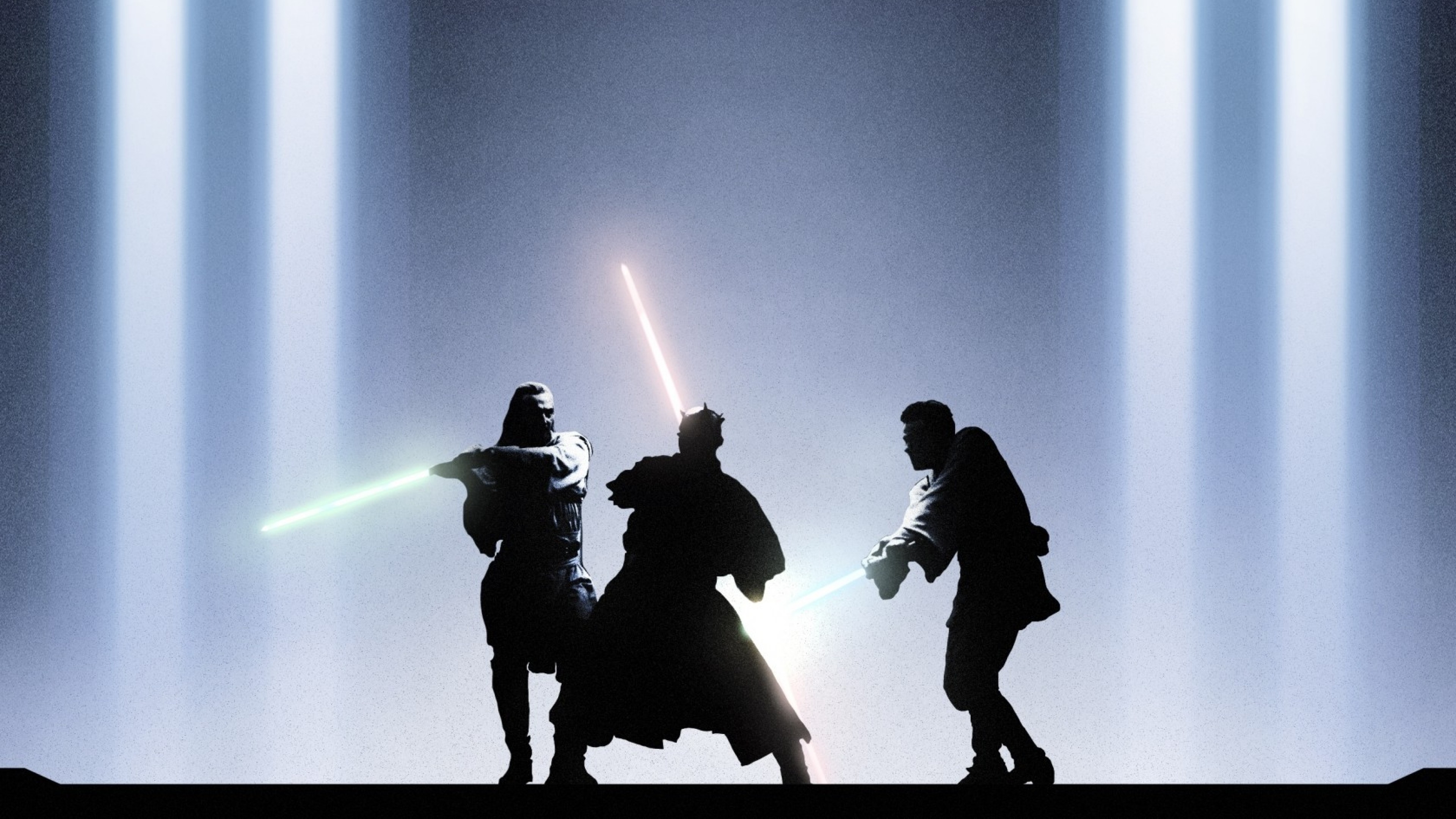 Darth Maul, Qui-Gon Jinn, Obi-Wan Kenobi, Star Wars: La minaccia fantasma, Spade laser, Silhouette, sfondo Ultra HD