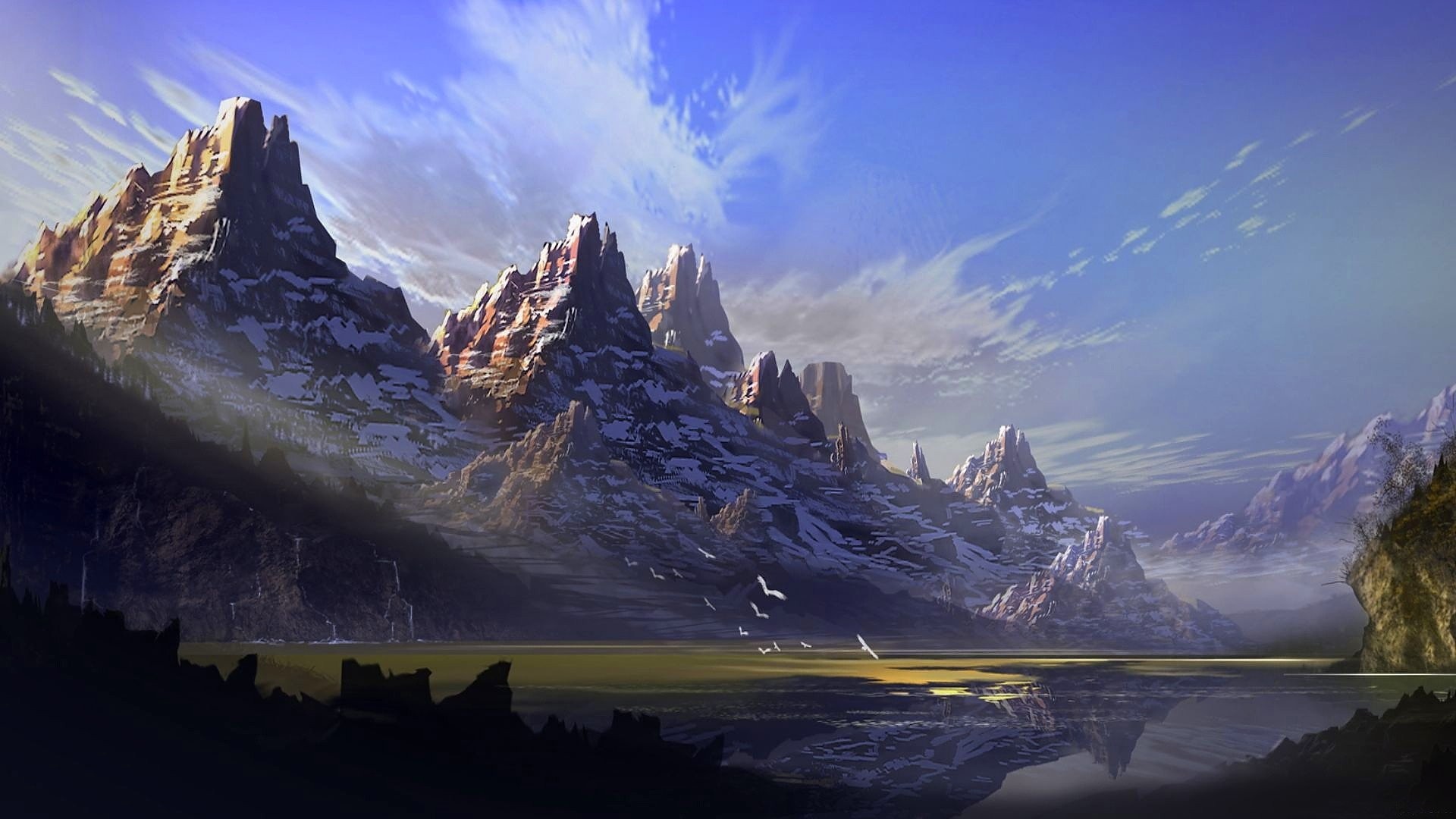 Fantasy, Picchi rocciosi, Arte digitale, Lago, Full HD, sfondo per portatile