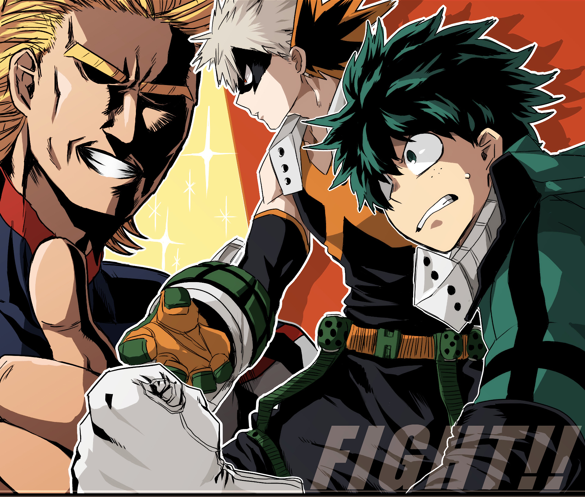 Izuku Midoriya, All Might, Katsuki Bakugo, My Hero Academia, Fight, sfondo Windows 11