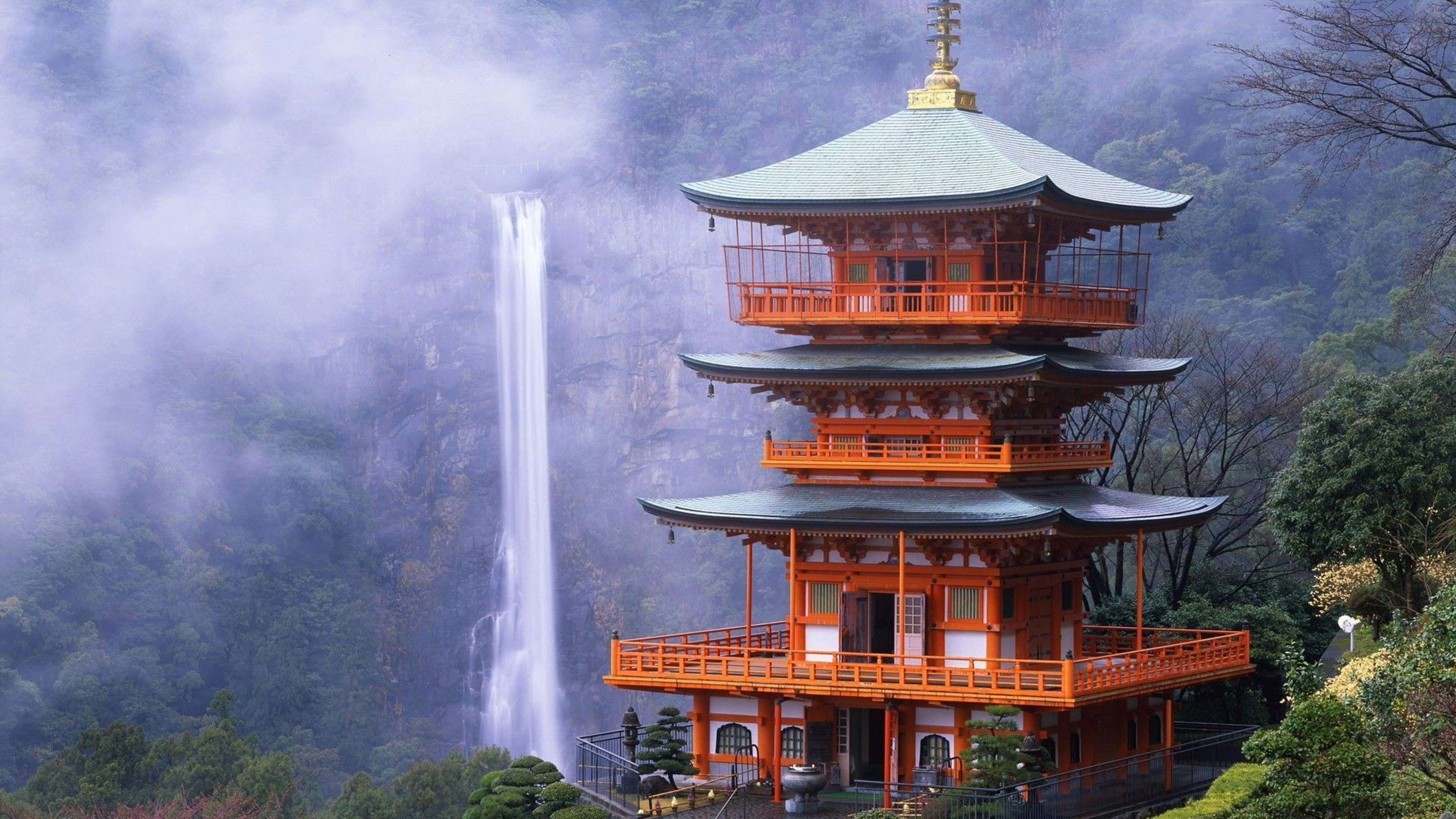 Seiganto-ji, Cascate di Nachi, Wakayama, Giappone, Pagoda, Nebbia, sfondo 3840x2160 per PC