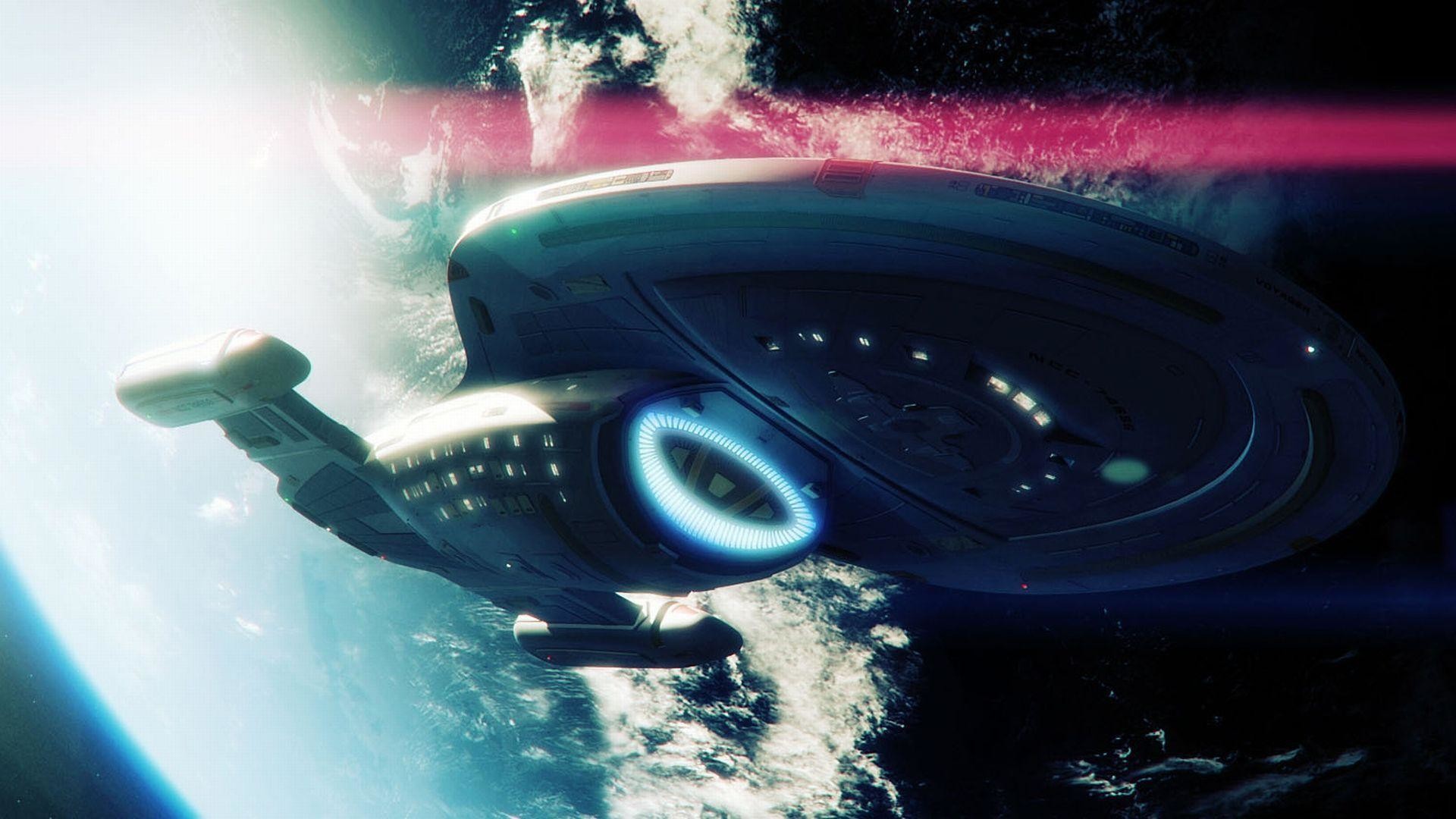 USS Voyager, Star Trek: Voyager, Astronave, Pianeta, Luce rosa, 1920x1080, sfondo per PC