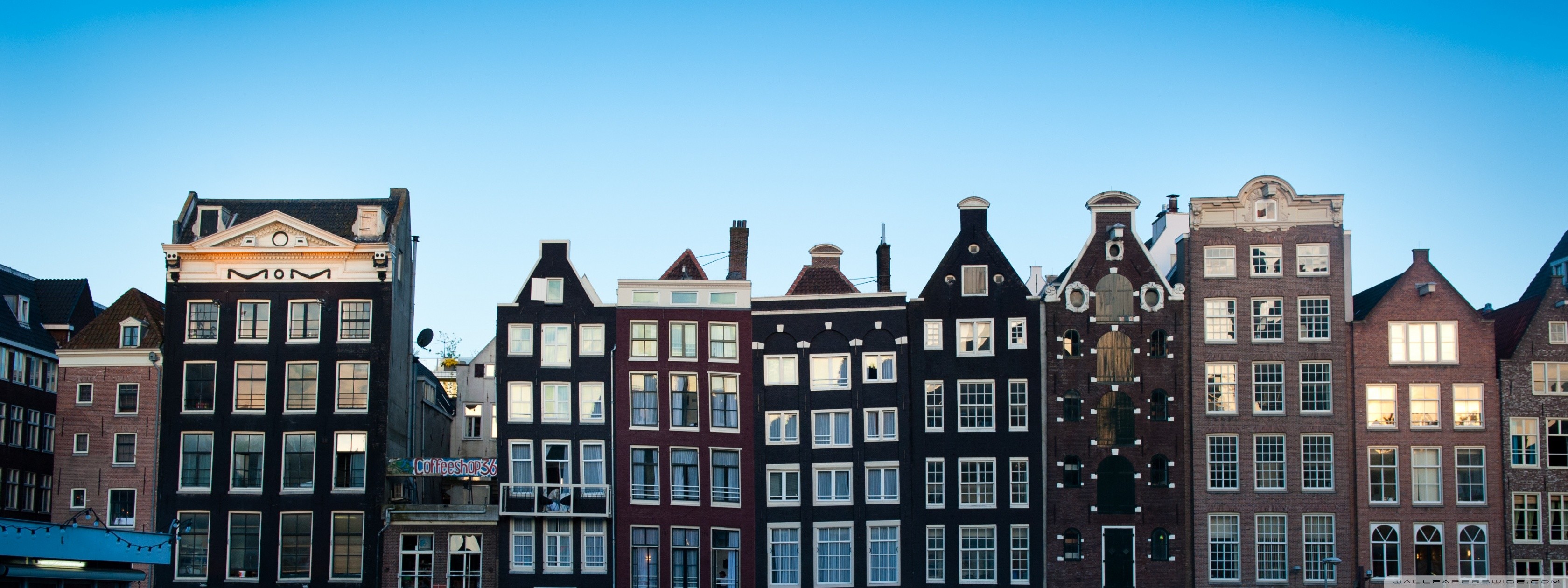 Amsterdam, Case danzanti, Case a timpano, Cielo azzurro, 2K, sfondo per portatile