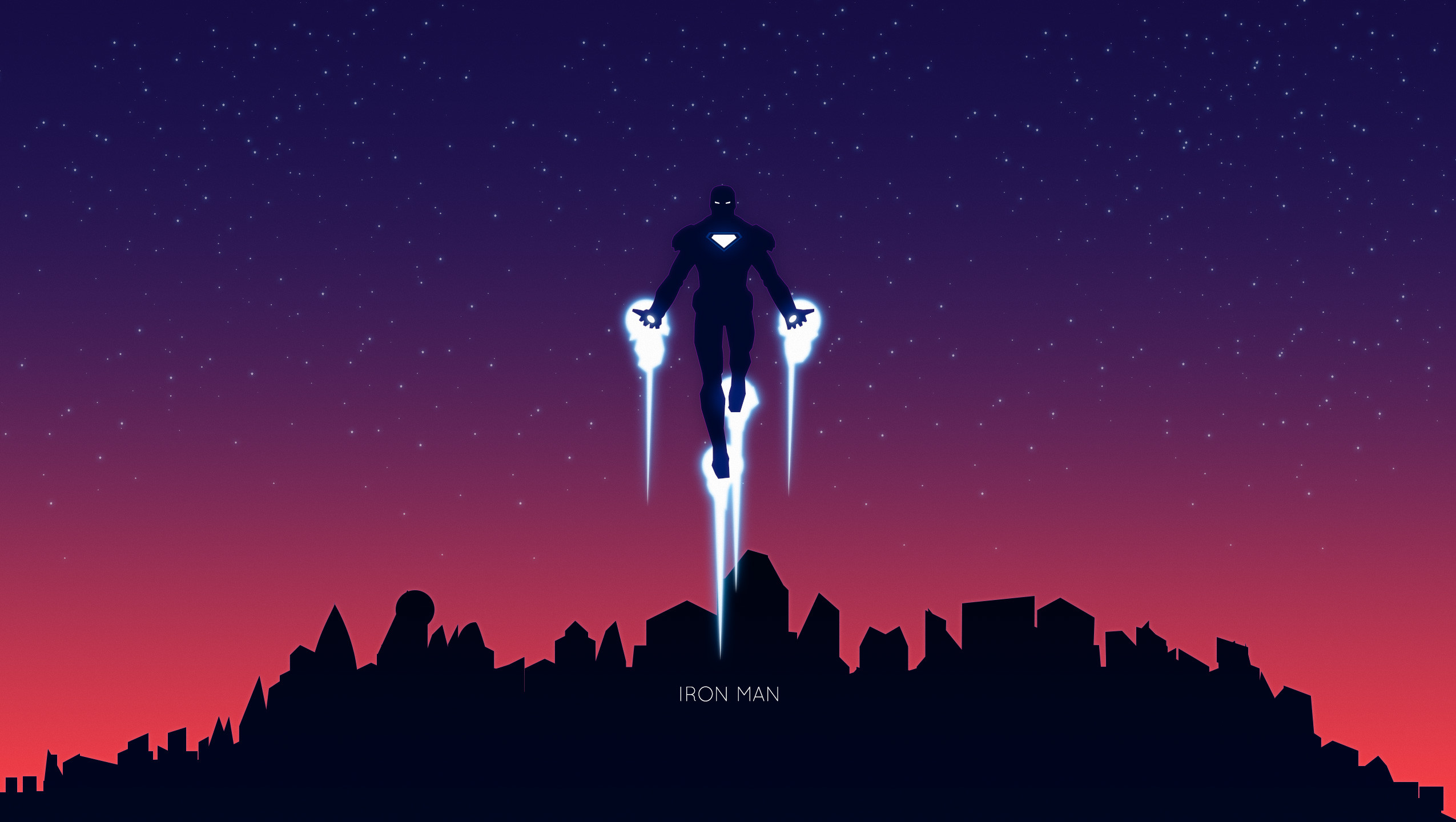Iron Man, Volo, Skyline, Minimalista, Cielo viola, Full HD, sfondo per PC e portatile