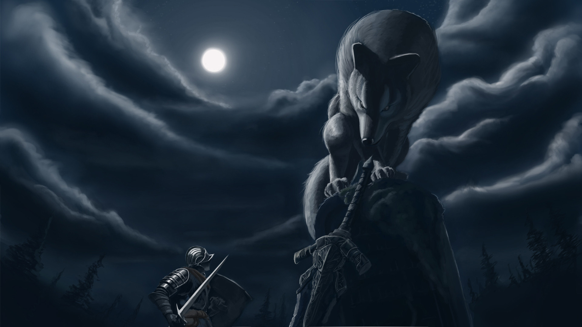 Grande Lupo Sif, Dark Souls, Luna, Notte, Cavaliere, Full HD, sfondo desktop