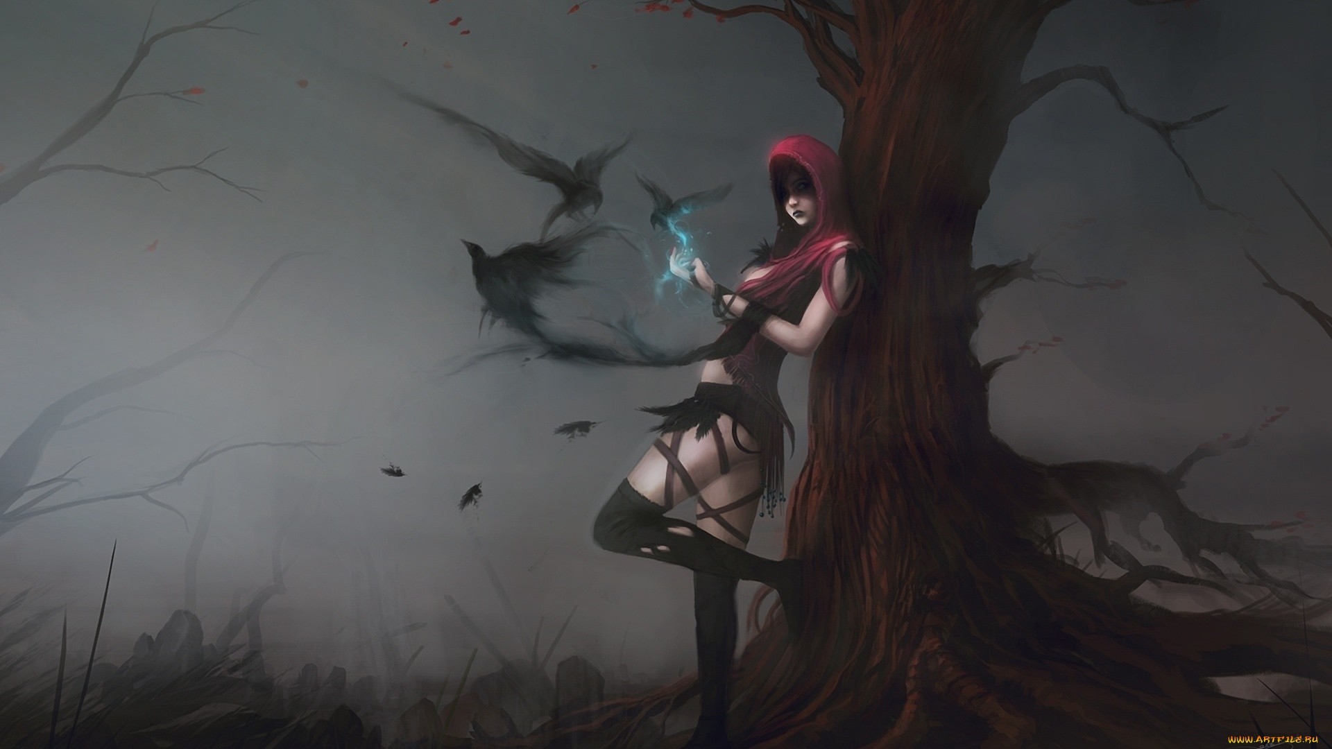 Morrigan, Dragon Age, Strega, Corvi, Albero, Nebbia, 1920x1080, immagine di sfondo