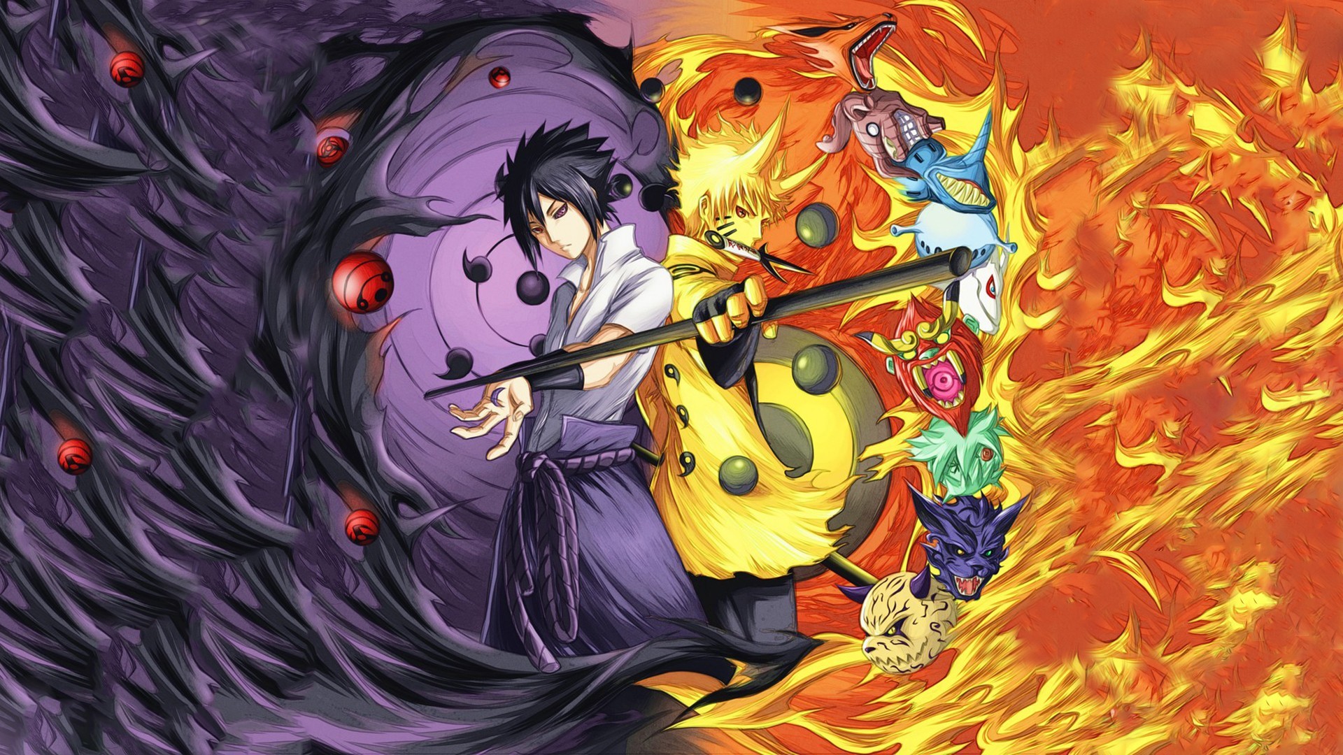 Sasuke Uchiha, Naruto Uzumaki, Kurama, Naruto, Fuoco, Full HD 1080p, sfondo desktop
