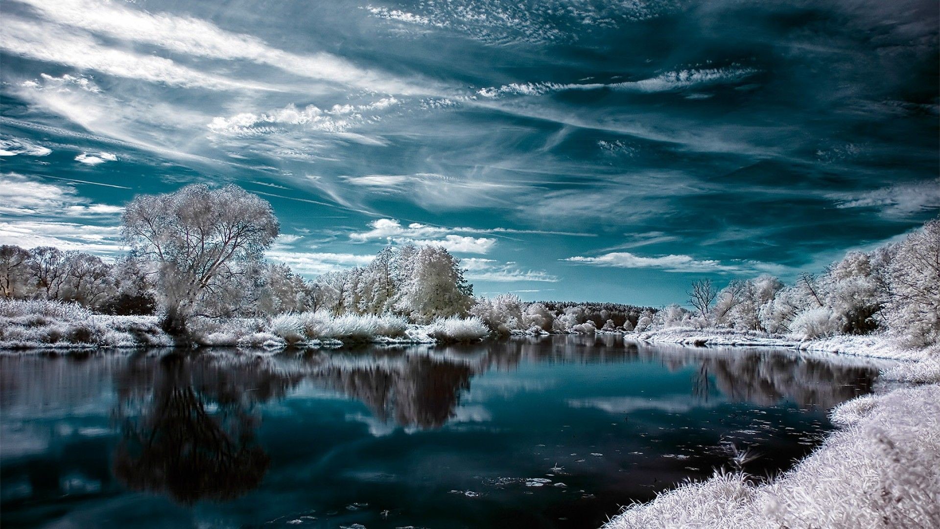 Fiume, Inverno, Infrarosso, Alberi, Cielo, 1920x1080, sfondo per PC
