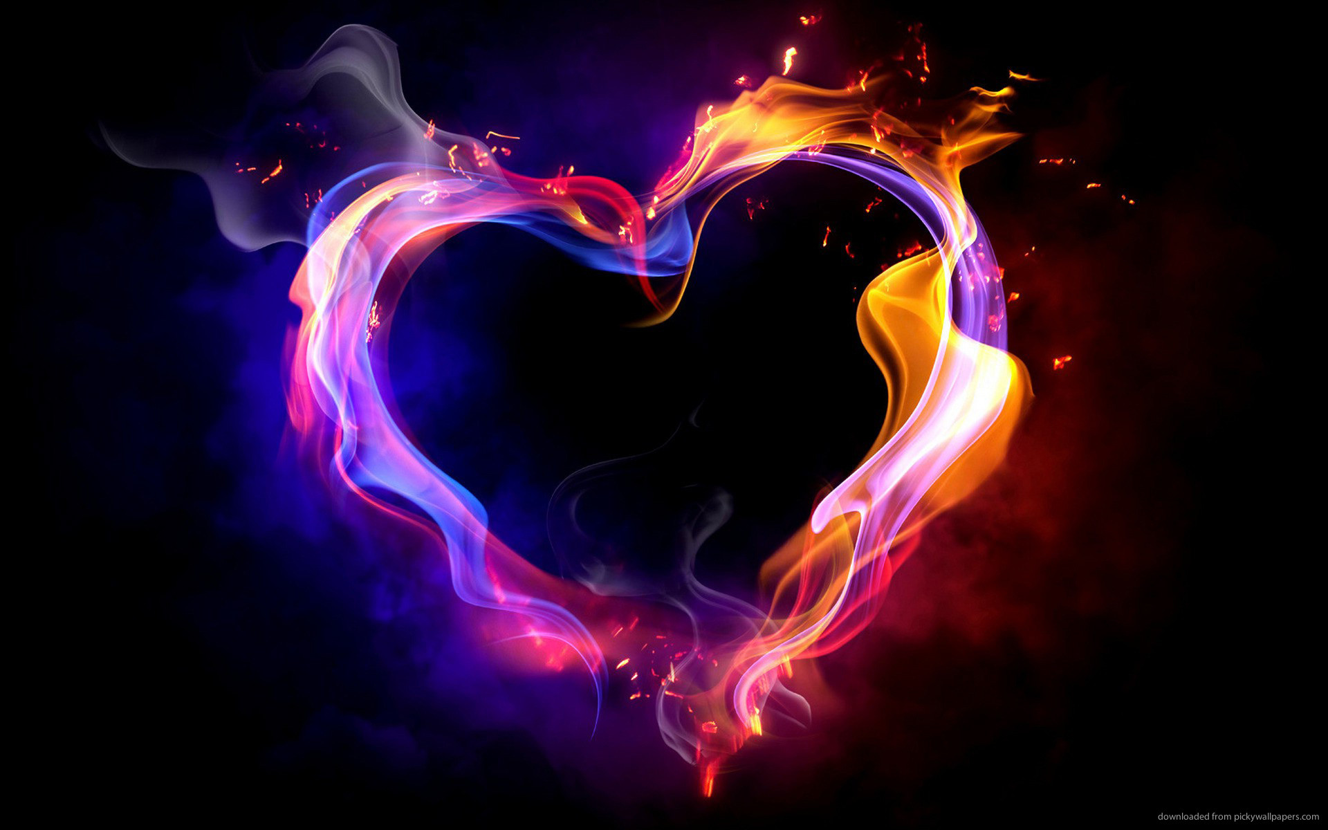 Cuore di fuoco, Fiamme, Sfondo nero, Full HD, wallpaper desktop
