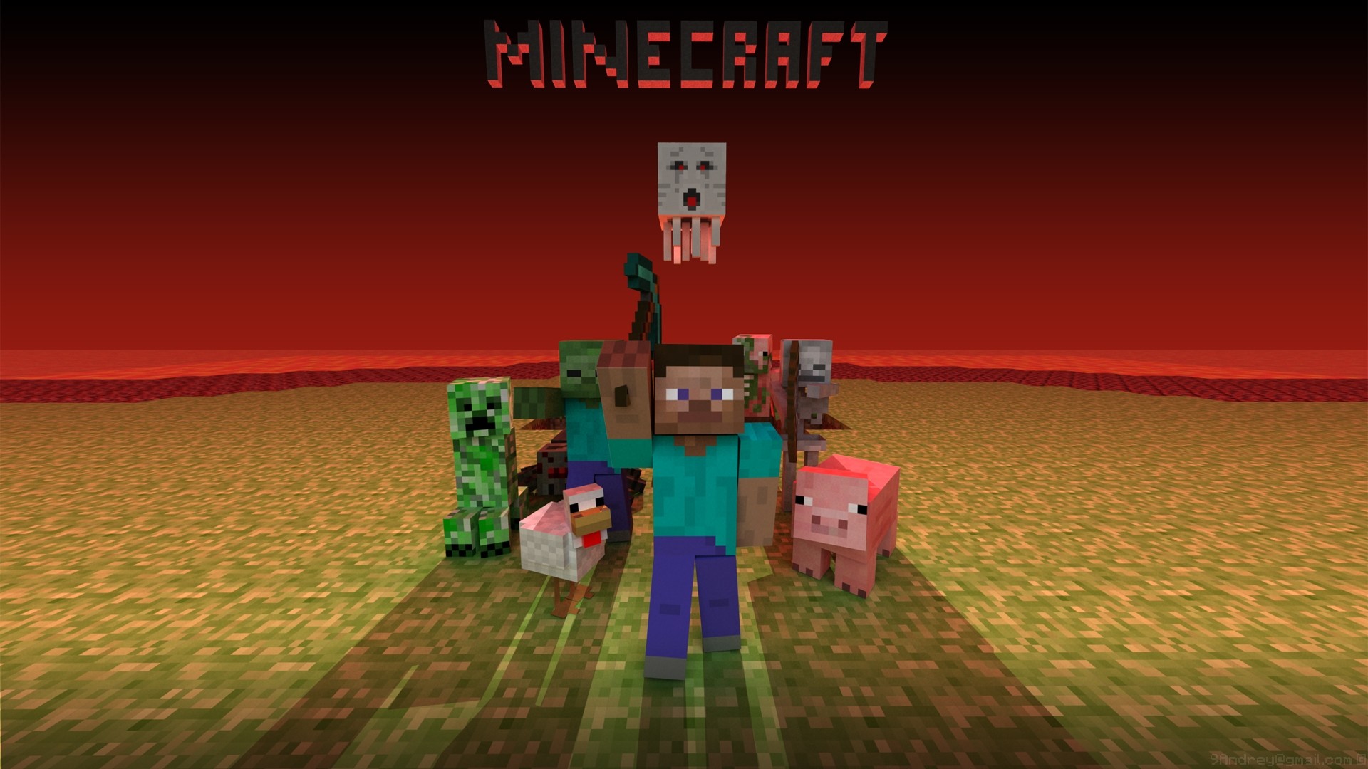 Minecraft, Steve, Ghast, Creeper, Nether, Full HD, sfondo Windows 11