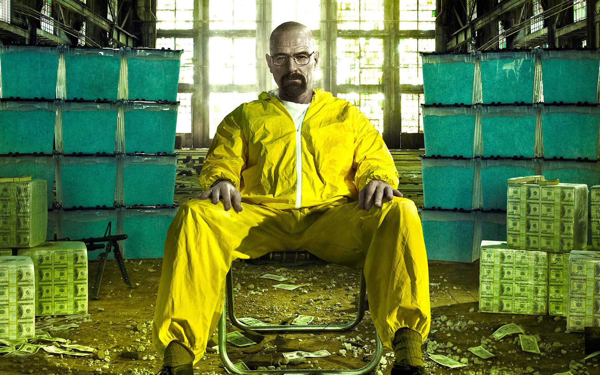 Walter White, Bryan Cranston, Breaking Bad, Tuta gialla, Mazzette di soldi, sfondo 1920x1200 per PC