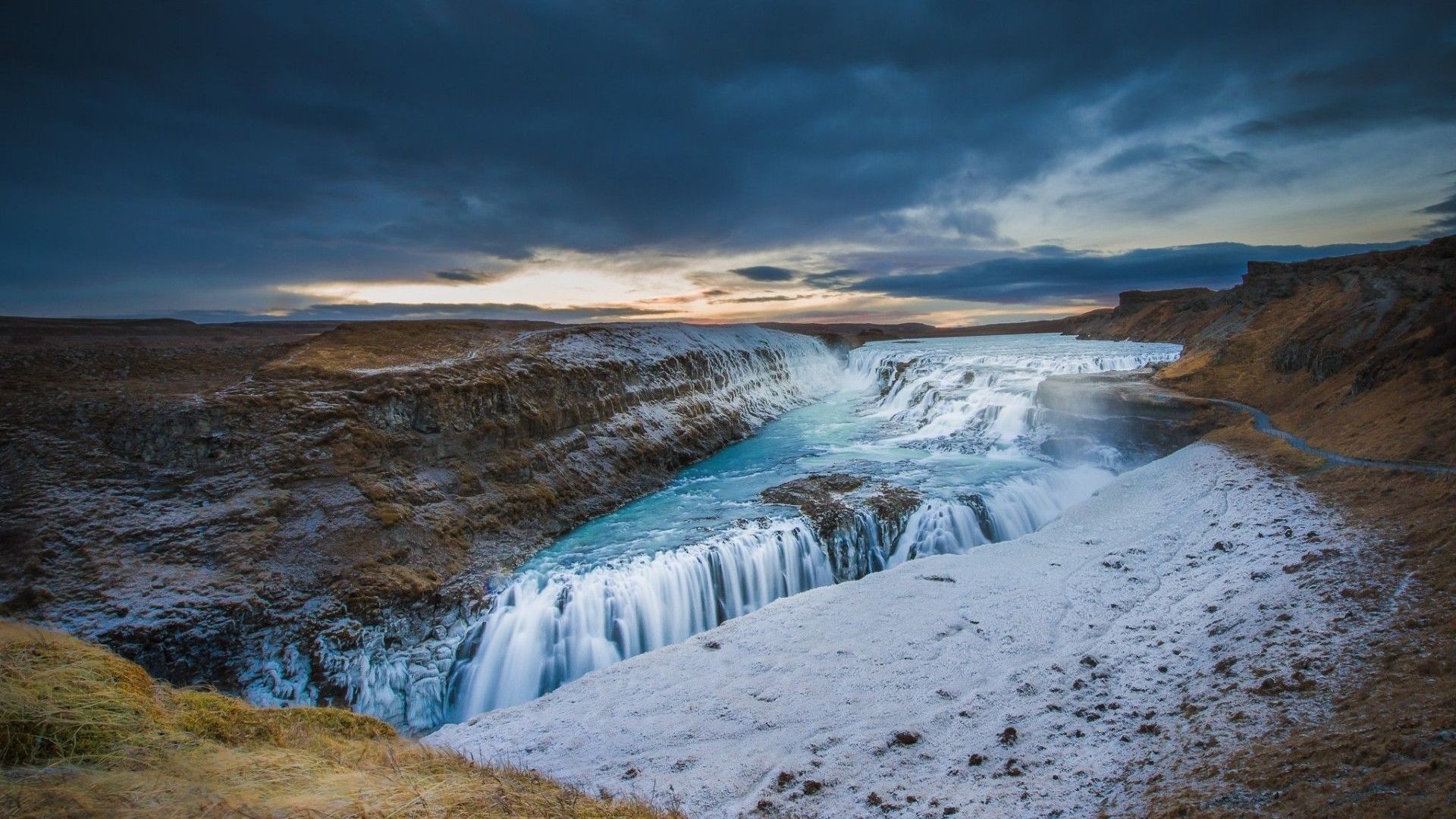 Gullfoss, Islanda, Cascata, Canyon, Neve, 1920x1080, sfondo per PC