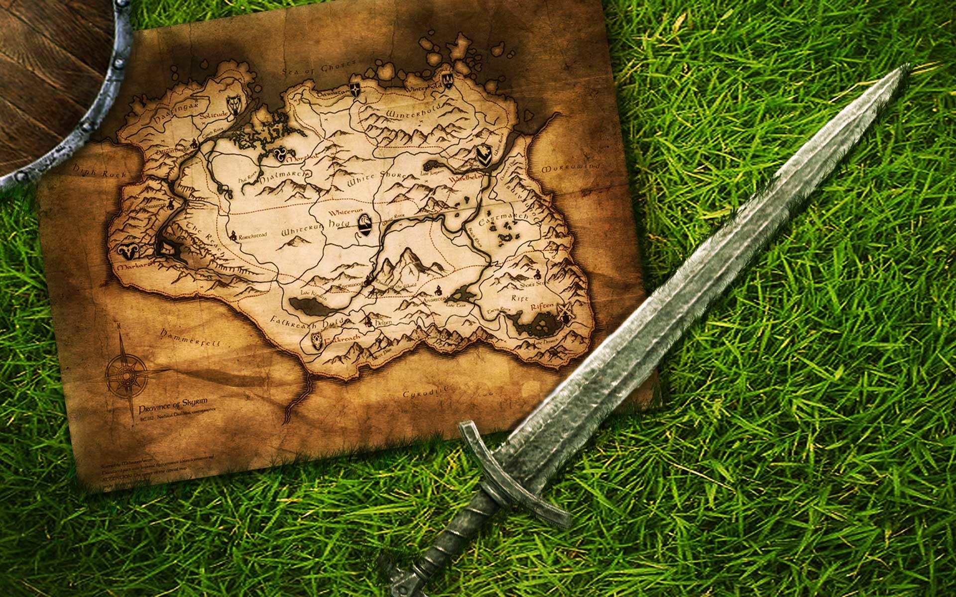 The Elder Scrolls V: Skyrim, Mappa di Skyrim, Spada, Erba, 1920x1200, sfondo per PC