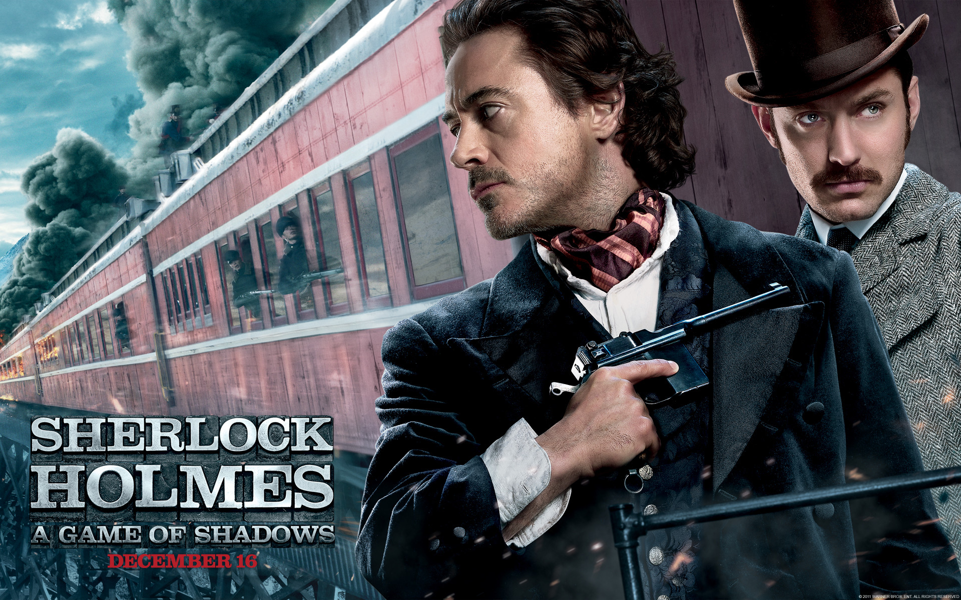 Sherlock Holmes - Gioco di ombre, Robert Downey Jr., Jude Law, Treno, Pistola, Poster, sfondo per PC
